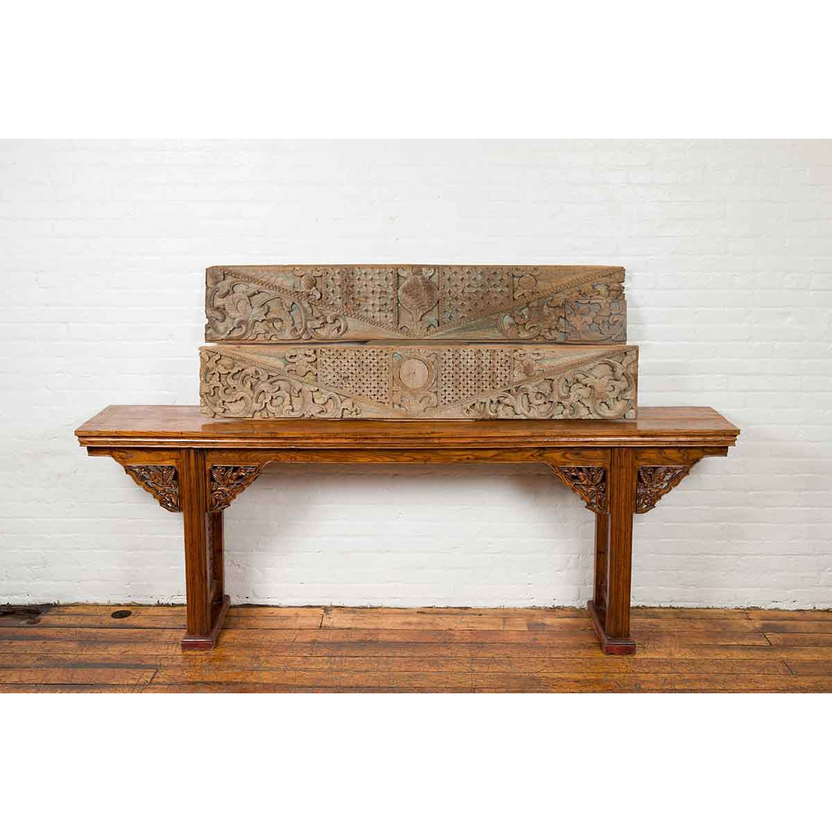 Pair of Indonesian Antique Carved Wood Overdoor Panels with Traces of Blue Paint-6. Asian & Chinese Furniture, Art, Antiques, Vintage Home Décor for sale at FEA Home