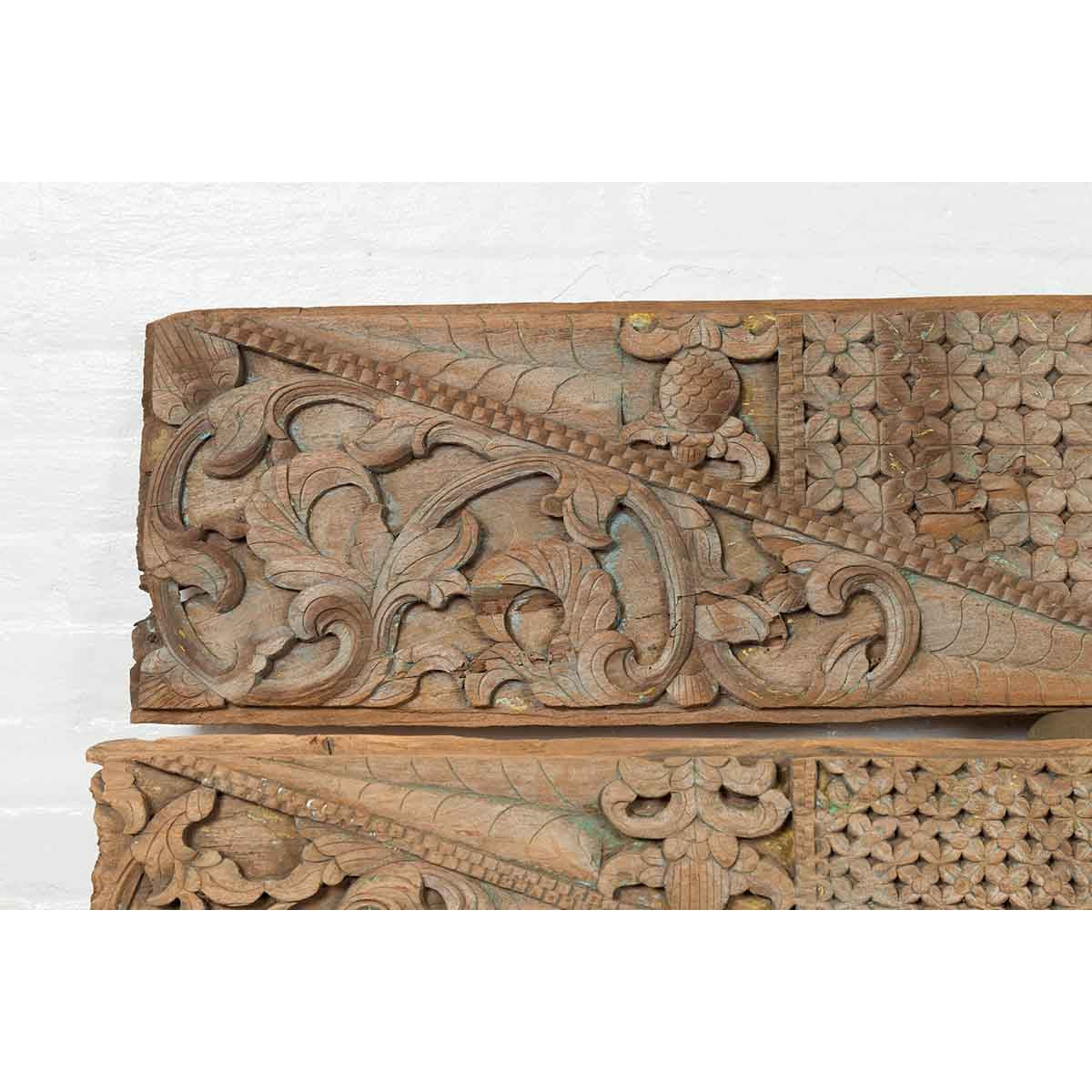 Pair of Indonesian Antique Carved Wood Overdoor Panels with Traces of Blue Paint-7. Asian & Chinese Furniture, Art, Antiques, Vintage Home Décor for sale at FEA Home