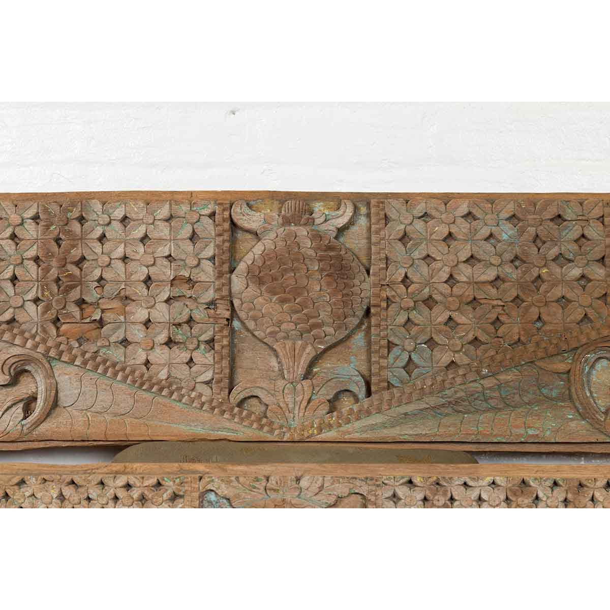 Pair of Indonesian Antique Carved Wood Overdoor Panels with Traces of Blue Paint-8. Asian & Chinese Furniture, Art, Antiques, Vintage Home Décor for sale at FEA Home