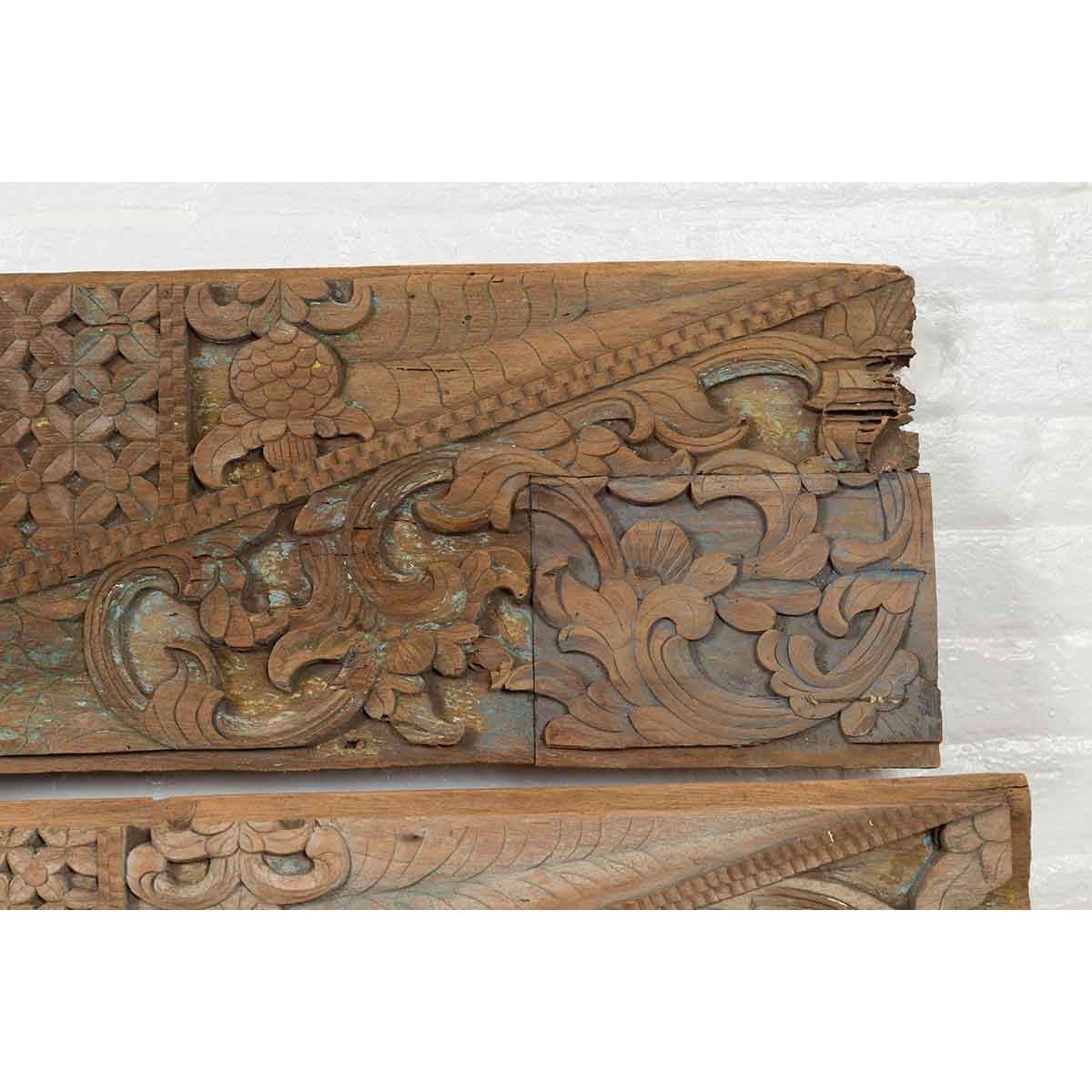 Pair of Indonesian Antique Carved Wood Overdoor Panels with Traces of Blue Paint-9. Asian & Chinese Furniture, Art, Antiques, Vintage Home Décor for sale at FEA Home