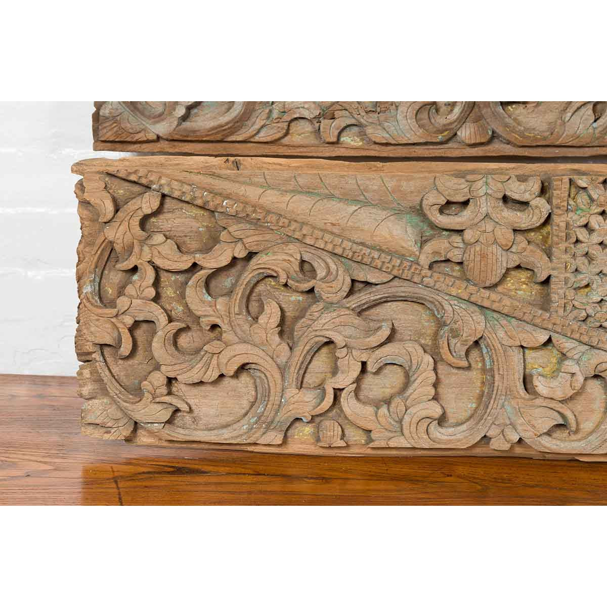 Pair of Indonesian Antique Carved Wood Overdoor Panels with Traces of Blue Paint-10. Asian & Chinese Furniture, Art, Antiques, Vintage Home Décor for sale at FEA Home