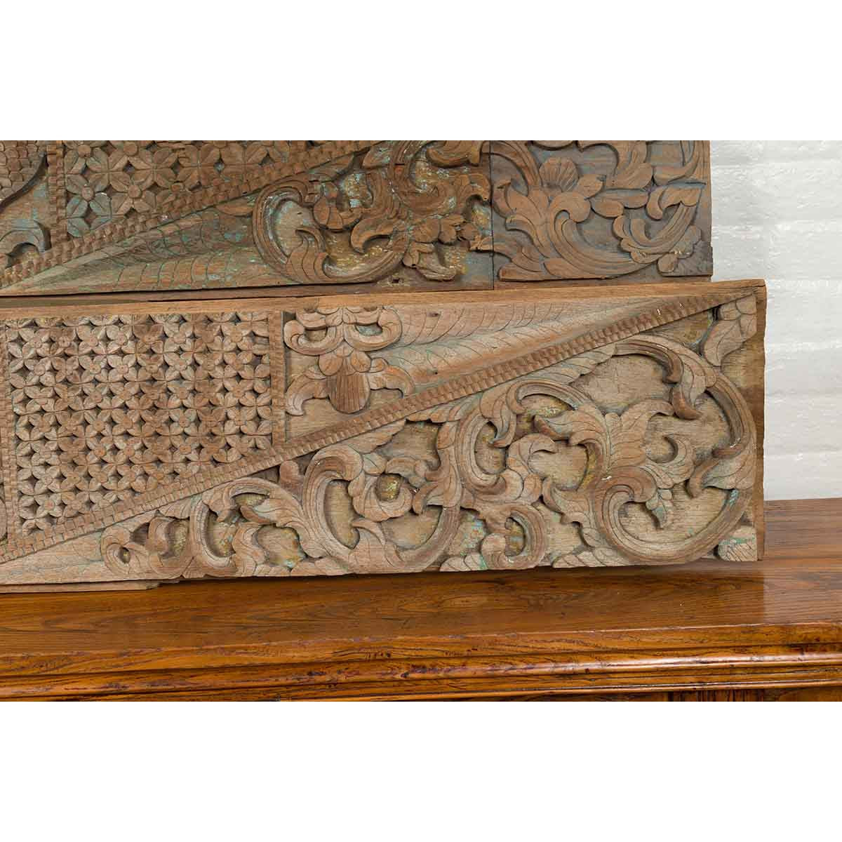 Pair of Indonesian Antique Carved Wood Overdoor Panels with Traces of Blue Paint-12. Asian & Chinese Furniture, Art, Antiques, Vintage Home Décor for sale at FEA Home