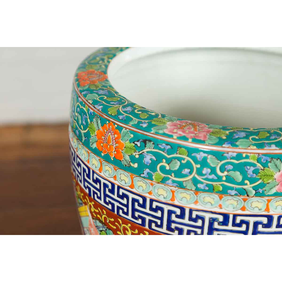 Japanese 20th Century Multi-Color Hibachi Planter with Landscape Scene-11. Asian & Chinese Furniture, Art, Antiques, Vintage Home Décor for sale at FEA Home