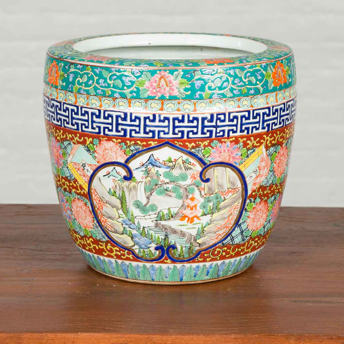 Japanese 20th Century Multi-Color Hibachi Planter with Landscape Scene-2. Asian & Chinese Furniture, Art, Antiques, Vintage Home Décor for sale at FEA Home