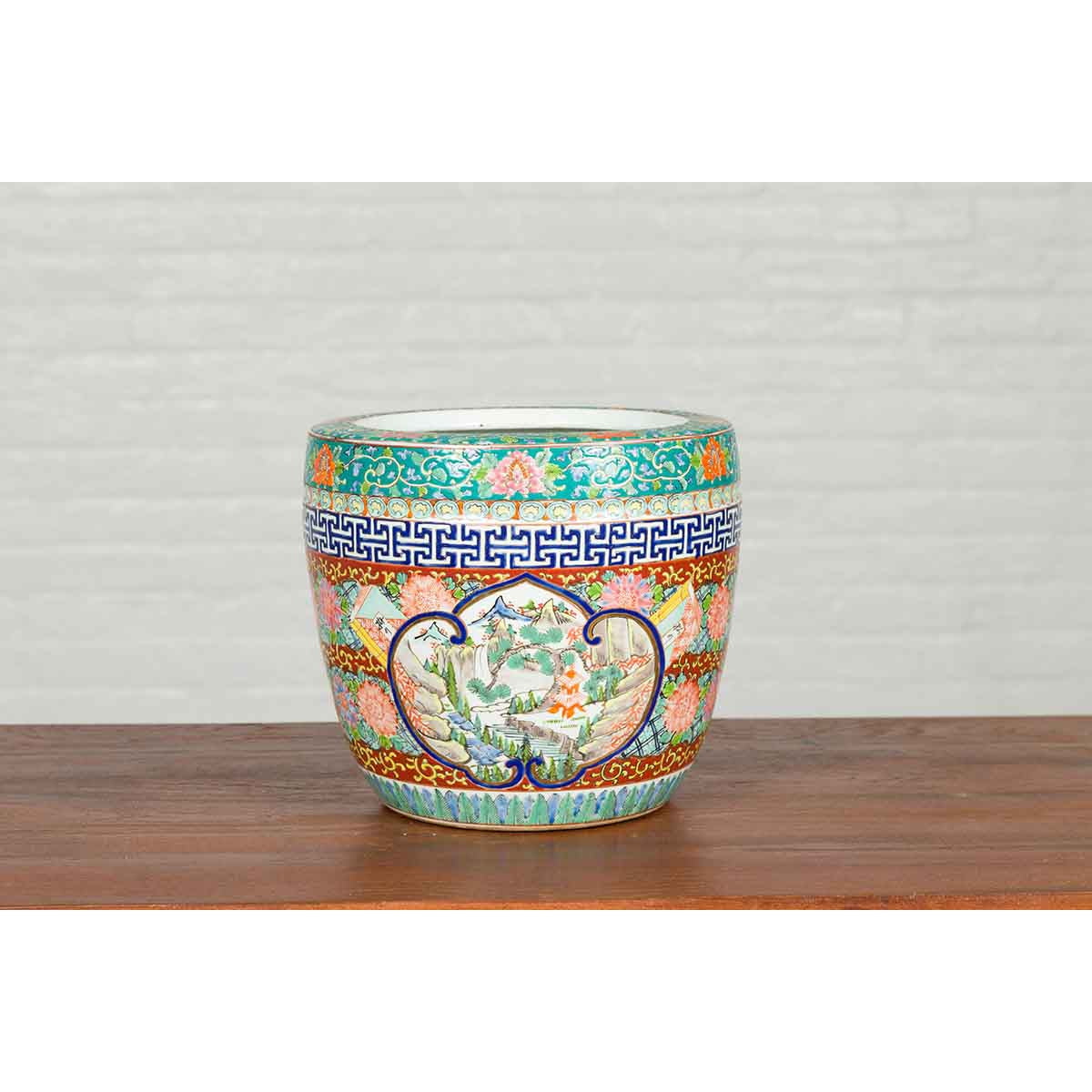 Japanese 20th Century Multi-Color Hibachi Planter with Landscape Scene-4. Asian & Chinese Furniture, Art, Antiques, Vintage Home Décor for sale at FEA Home