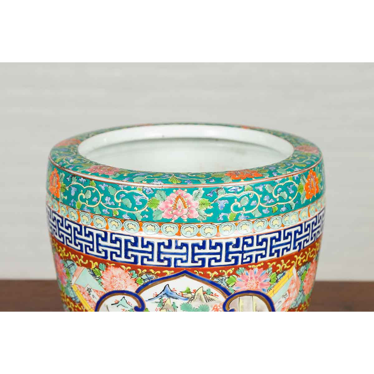 Japanese 20th Century Multi-Color Hibachi Planter with Landscape Scene-5. Asian & Chinese Furniture, Art, Antiques, Vintage Home Décor for sale at FEA Home