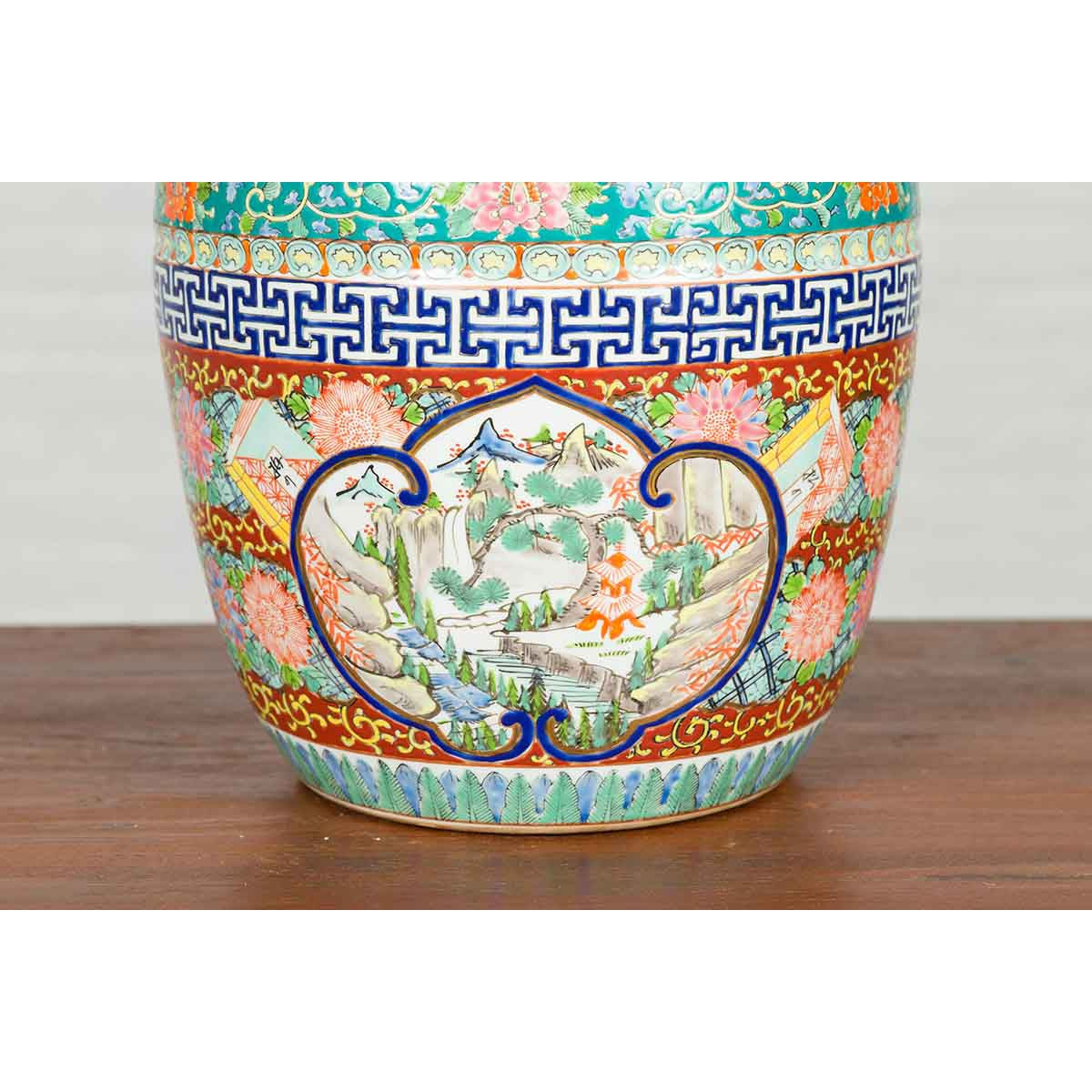 Japanese 20th Century Multi-Color Hibachi Planter with Landscape Scene-6. Asian & Chinese Furniture, Art, Antiques, Vintage Home Décor for sale at FEA Home