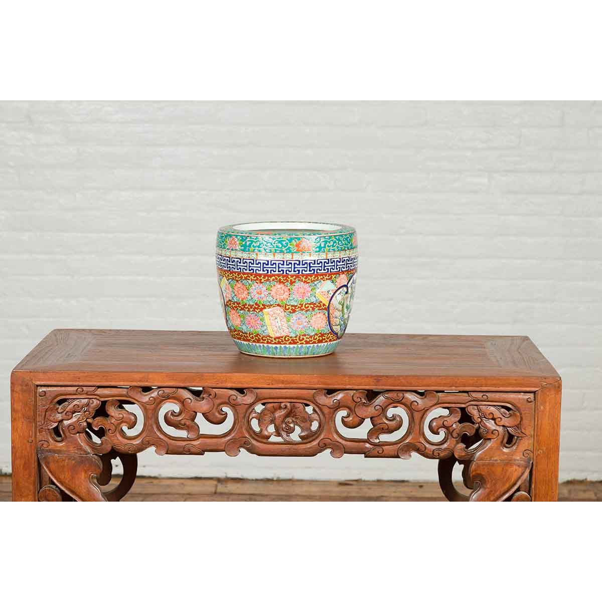 Japanese 20th Century Multi-Color Hibachi Planter with Landscape Scene-7. Asian & Chinese Furniture, Art, Antiques, Vintage Home Décor for sale at FEA Home