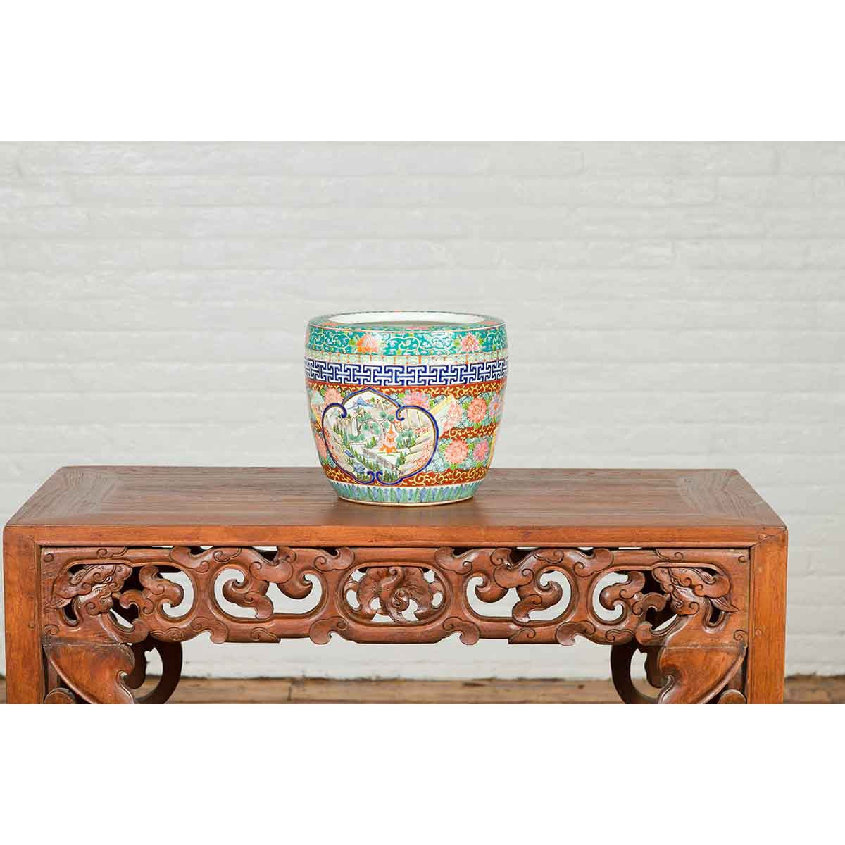 Japanese 20th Century Multi-Color Hibachi Planter with Landscape Scene-8. Asian & Chinese Furniture, Art, Antiques, Vintage Home Décor for sale at FEA Home