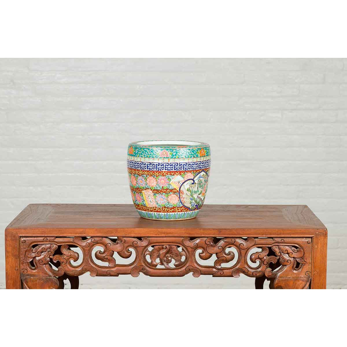 Japanese 20th Century Multi-Color Hibachi Planter with Landscape Scene-9. Asian & Chinese Furniture, Art, Antiques, Vintage Home Décor for sale at FEA Home