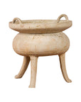 Bronze Chinese Han Dynasty incense burner with tripod base, close-up on white background.