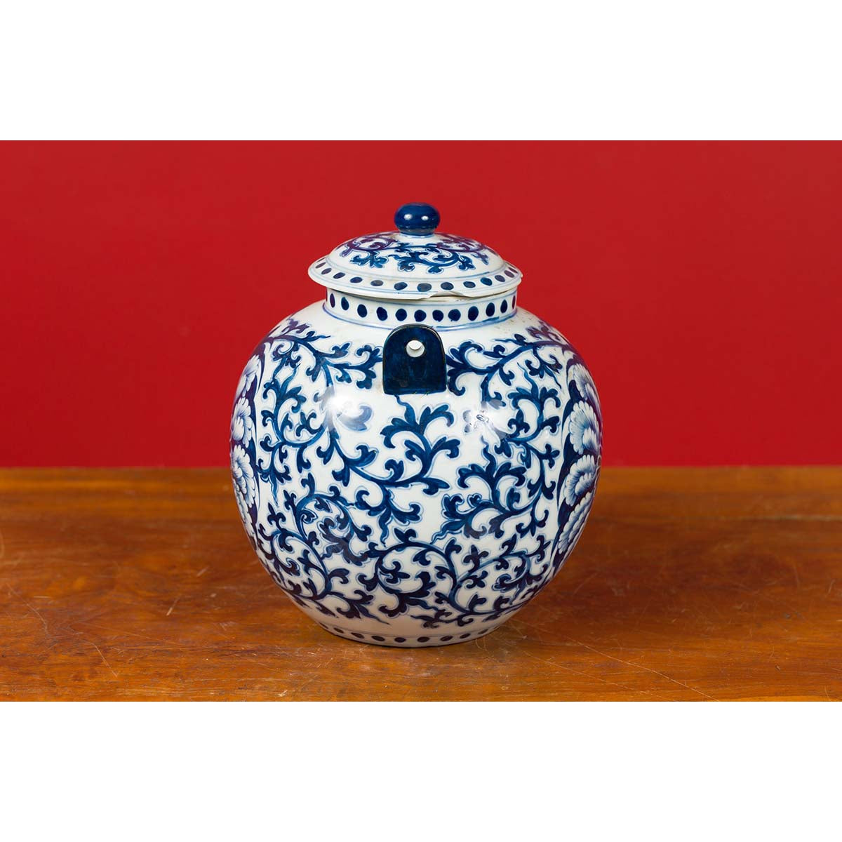 Chinese Vintage Blue and White Porcelain Teapot with Scrolling Foliage Decor-8. Asian & Chinese Furniture, Art, Antiques, Vintage Home Décor for sale at FEA Home