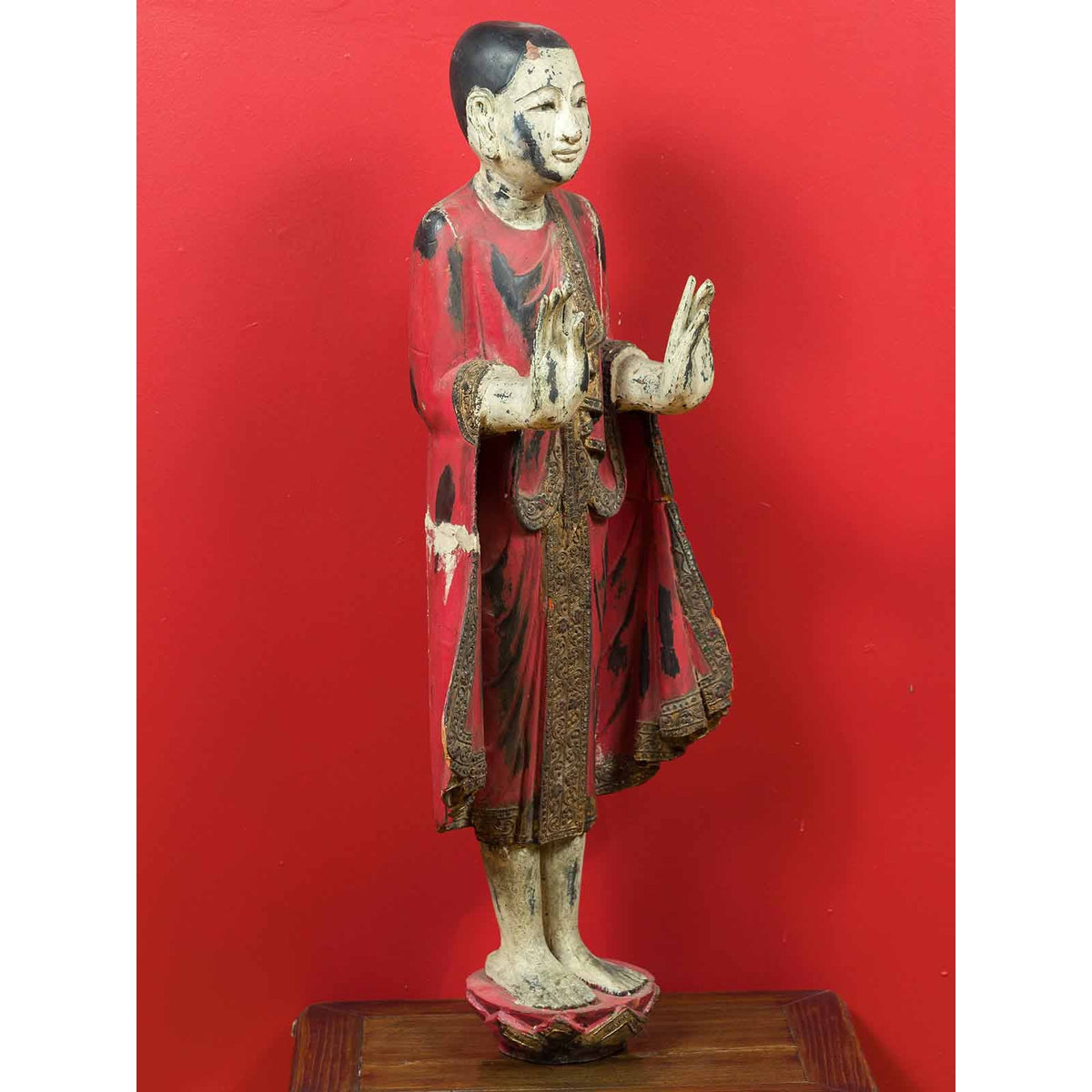 Thai Carved and Painted Wooden Monk Statue with Dispelling of Fear Gesture-12. Asian & Chinese Furniture, Art, Antiques, Vintage Home Décor for sale at FEA Home
