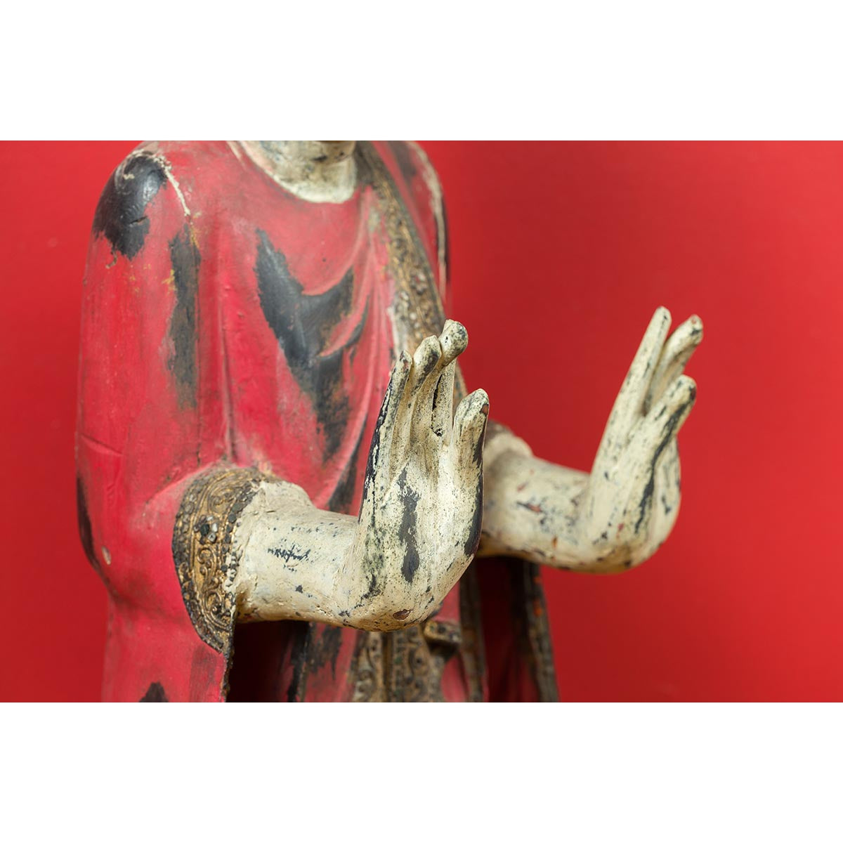 Thai Carved and Painted Wooden Monk Statue with Dispelling of Fear Gesture-10. Asian & Chinese Furniture, Art, Antiques, Vintage Home Décor for sale at FEA Home