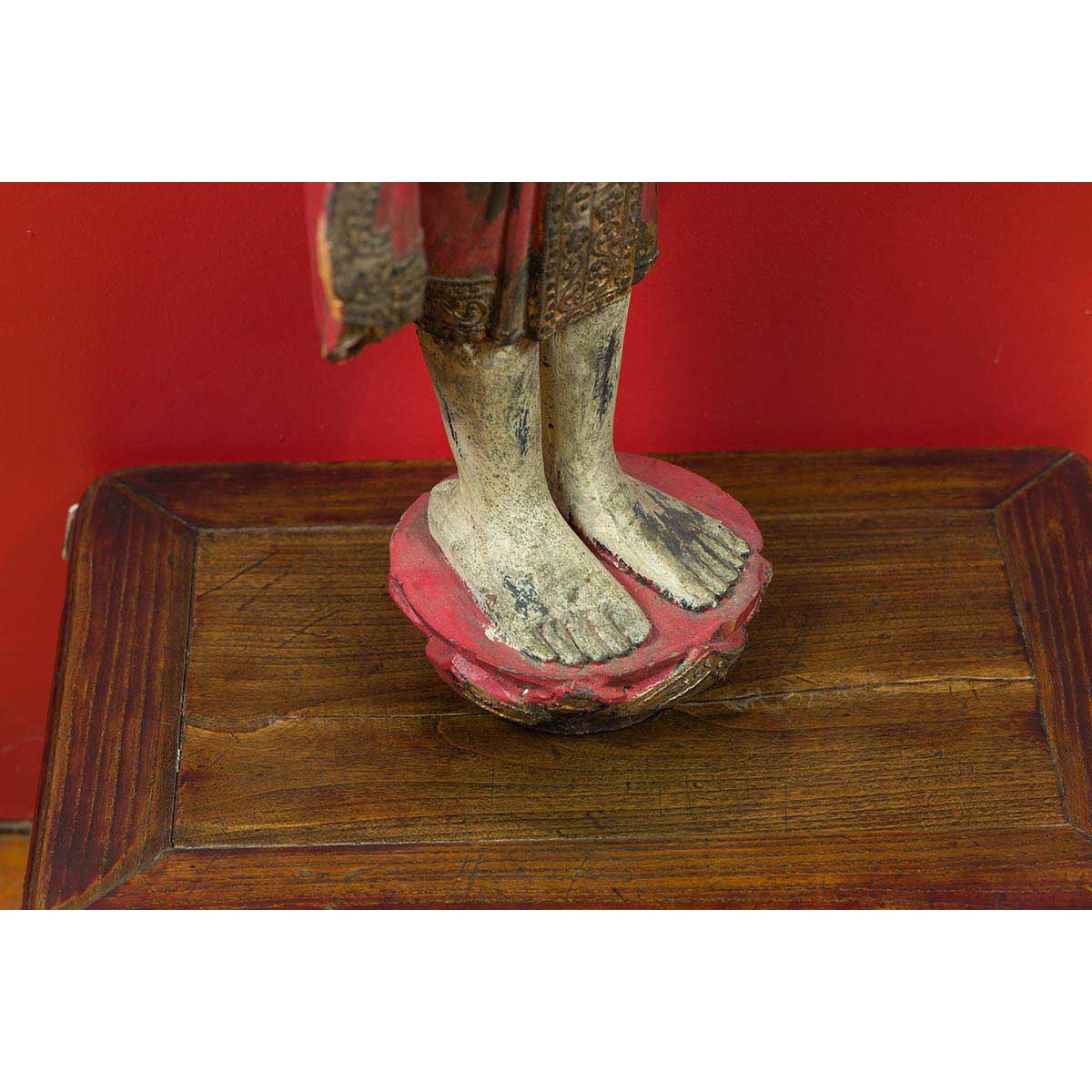 Thai Carved and Painted Wooden Monk Statue with Dispelling of Fear Gesture-18. Asian & Chinese Furniture, Art, Antiques, Vintage Home Décor for sale at FEA Home