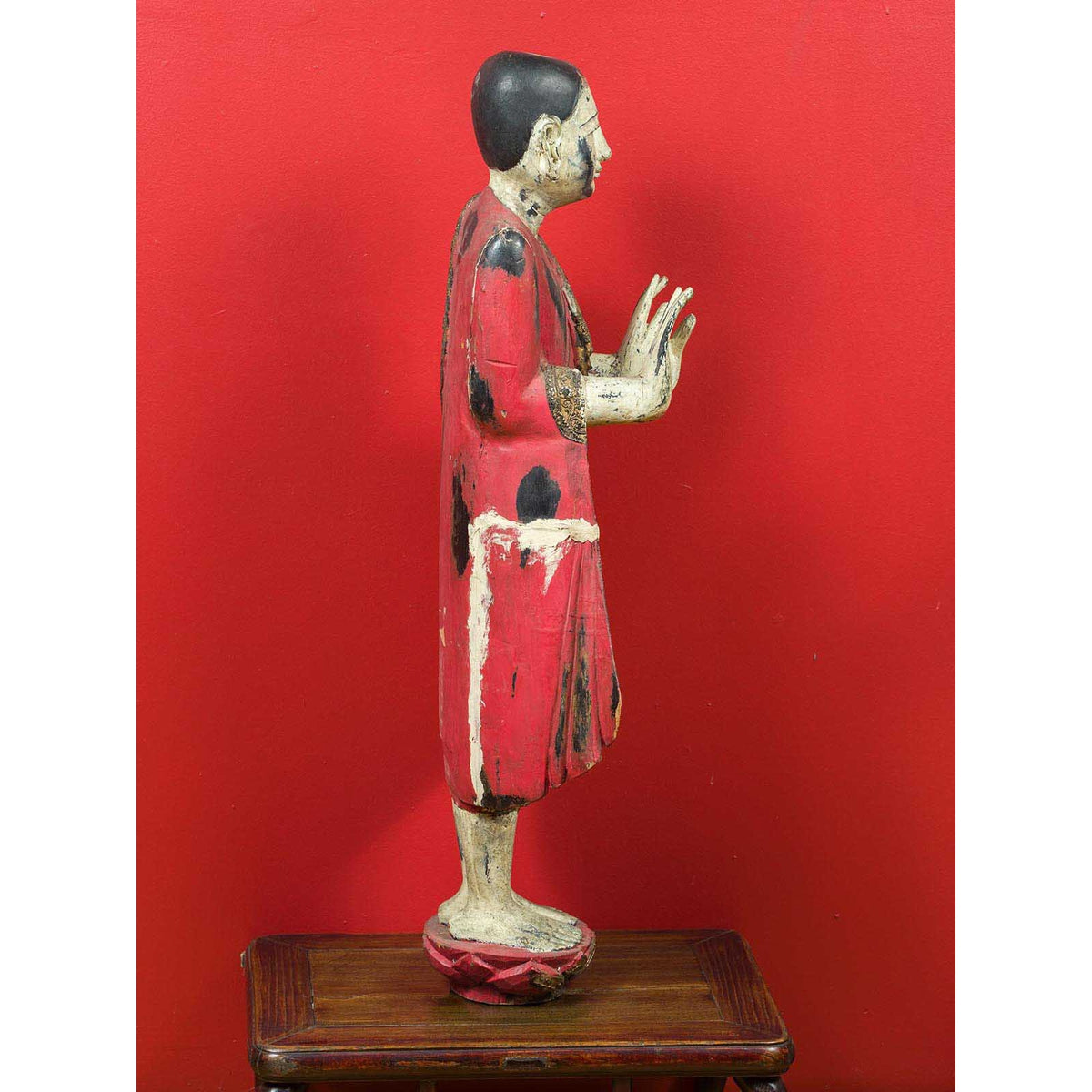 Thai Carved and Painted Wooden Monk Statue with Dispelling of Fear Gesture-13. Asian & Chinese Furniture, Art, Antiques, Vintage Home Décor for sale at FEA Home