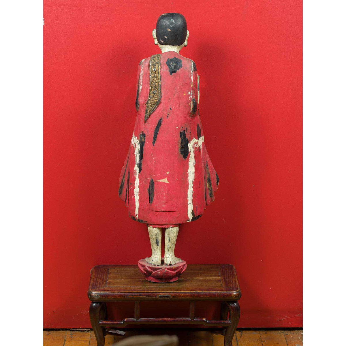 Thai Carved and Painted Wooden Monk Statue with Dispelling of Fear Gesture-15. Asian & Chinese Furniture, Art, Antiques, Vintage Home Décor for sale at FEA Home