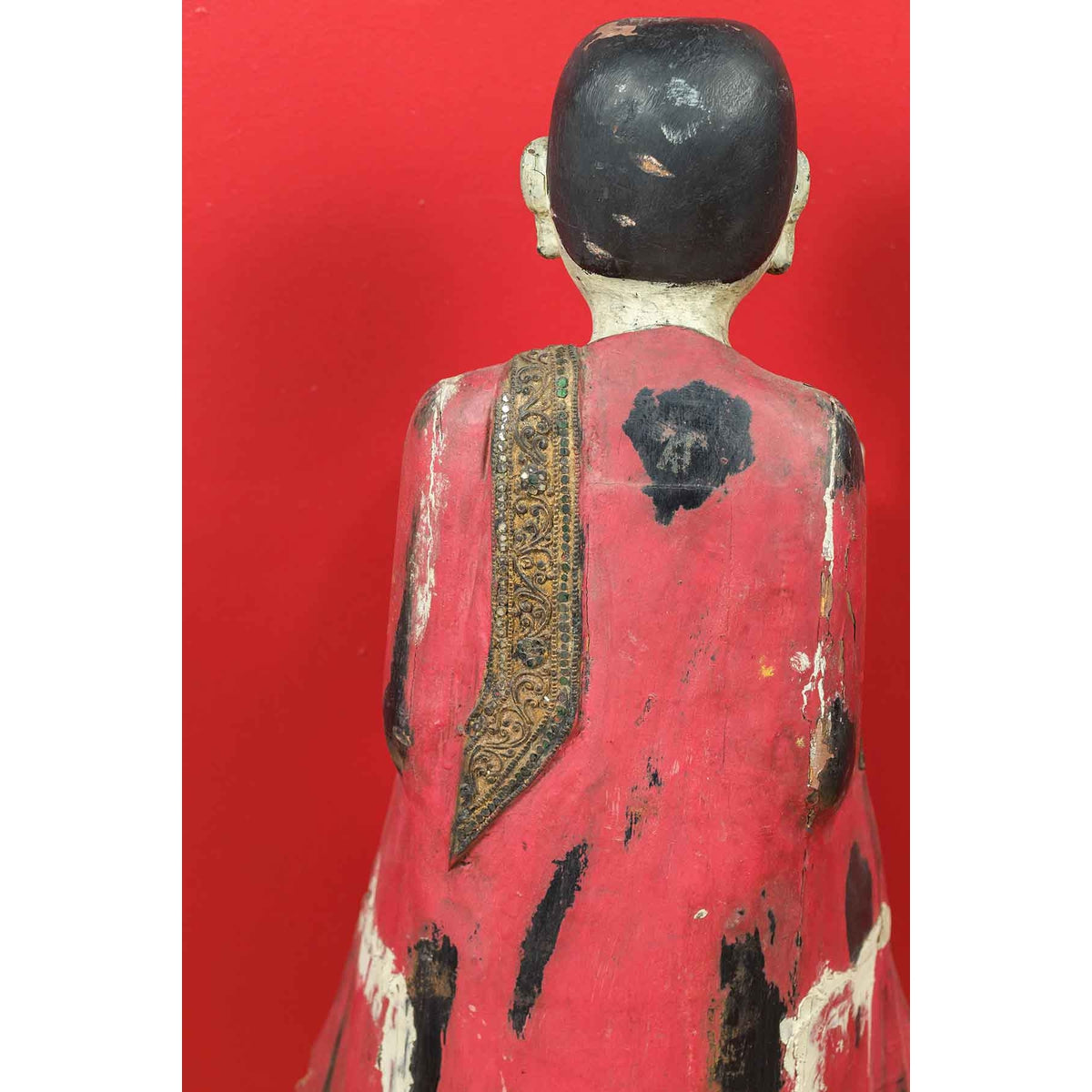 Thai Carved and Painted Wooden Monk Statue with Dispelling of Fear Gesture-16. Asian & Chinese Furniture, Art, Antiques, Vintage Home Décor for sale at FEA Home