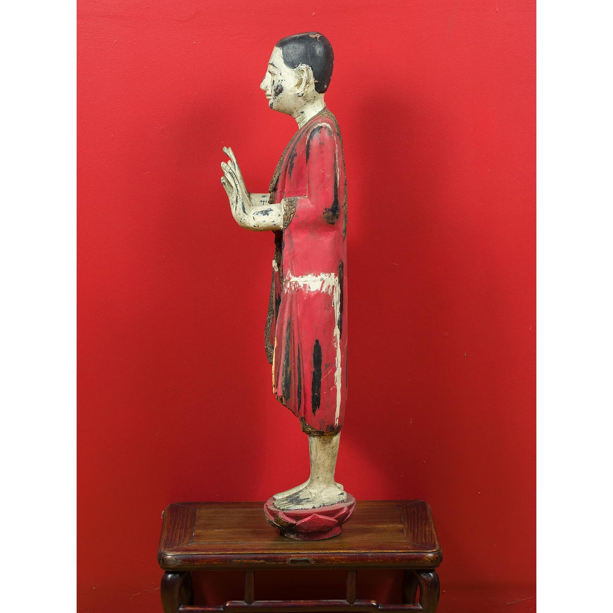 Thai Carved and Painted Wooden Monk Statue with Dispelling of Fear Gesture-14. Asian & Chinese Furniture, Art, Antiques, Vintage Home Décor for sale at FEA Home