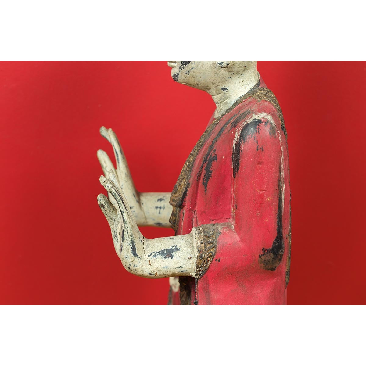 Thai Carved and Painted Wooden Monk Statue with Dispelling of Fear Gesture-9. Asian & Chinese Furniture, Art, Antiques, Vintage Home Décor for sale at FEA Home