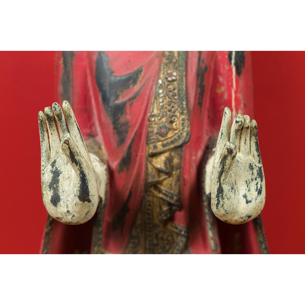 Thai Carved and Painted Wooden Monk Statue with Dispelling of Fear Gesture-11. Asian & Chinese Furniture, Art, Antiques, Vintage Home Décor for sale at FEA Home