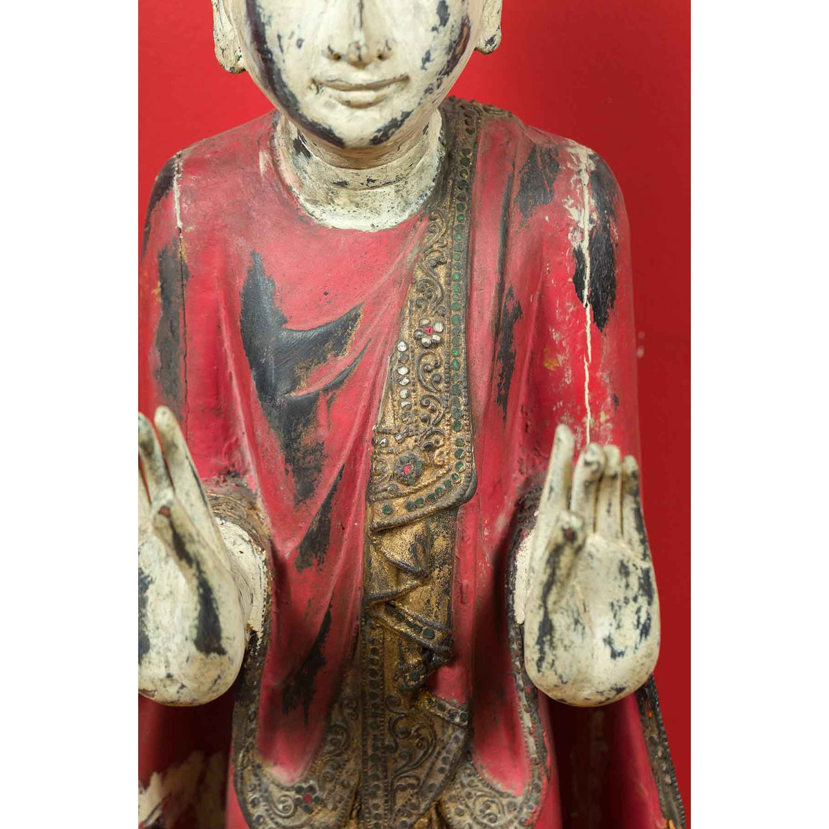 Thai Carved and Painted Wooden Monk Statue with Dispelling of Fear Gesture-6. Asian & Chinese Furniture, Art, Antiques, Vintage Home Décor for sale at FEA Home