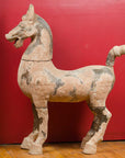 Large terracotta Chinese Han Dynasty horse with raised tail by a red wall on a wood floor, side view.
