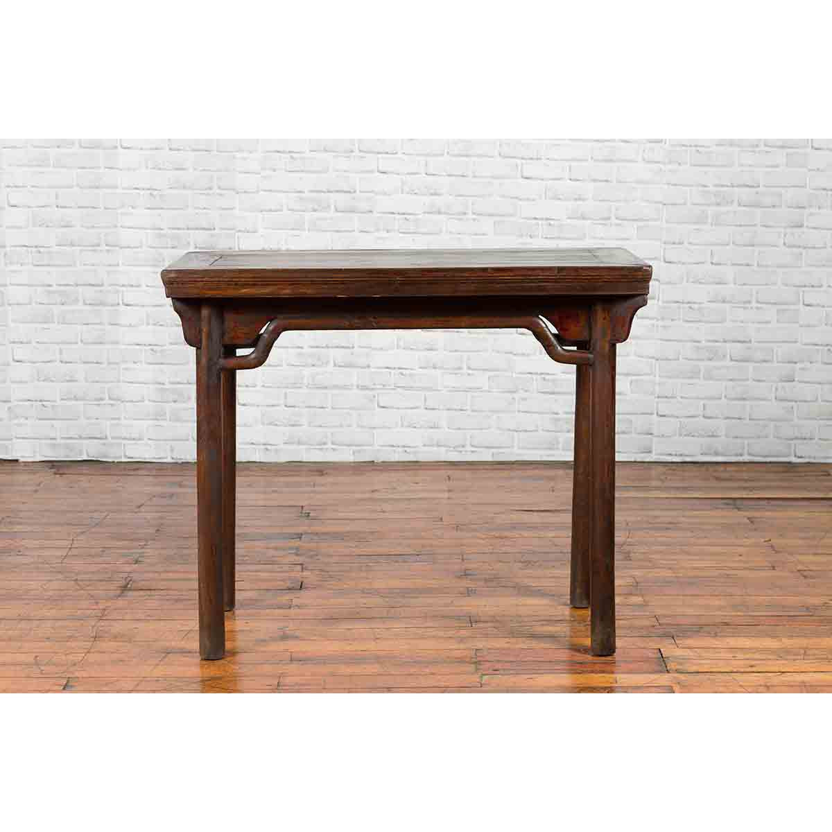 Chinese Qing Dynasty Elm Wine Table with Humpbacked Apron and Carved Spandrels-4. Asian & Chinese Furniture, Art, Antiques, Vintage Home Décor for sale at FEA Home
