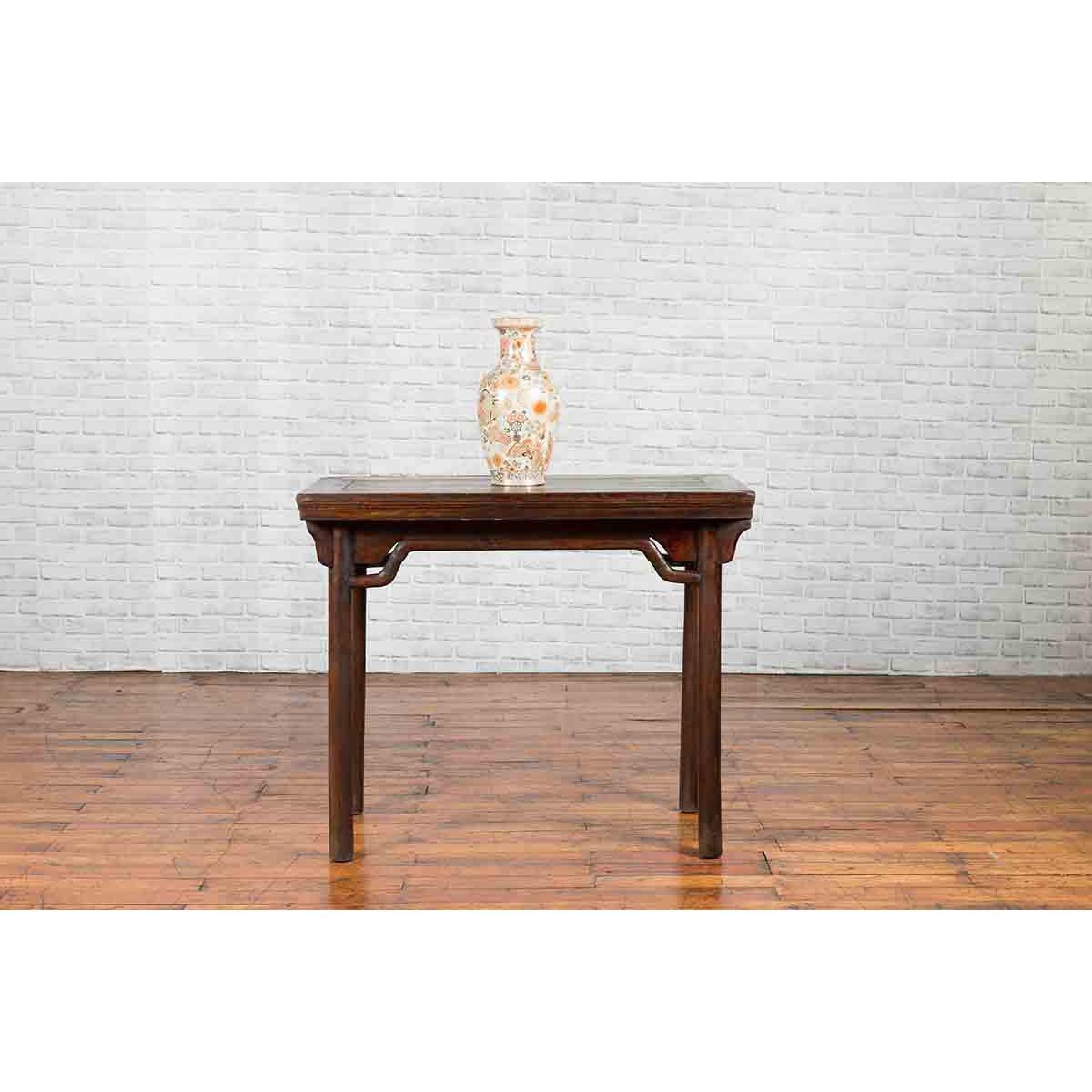 Chinese Qing Dynasty Elm Wine Table with Humpbacked Apron and Carved Spandrels-3. Asian & Chinese Furniture, Art, Antiques, Vintage Home Décor for sale at FEA Home