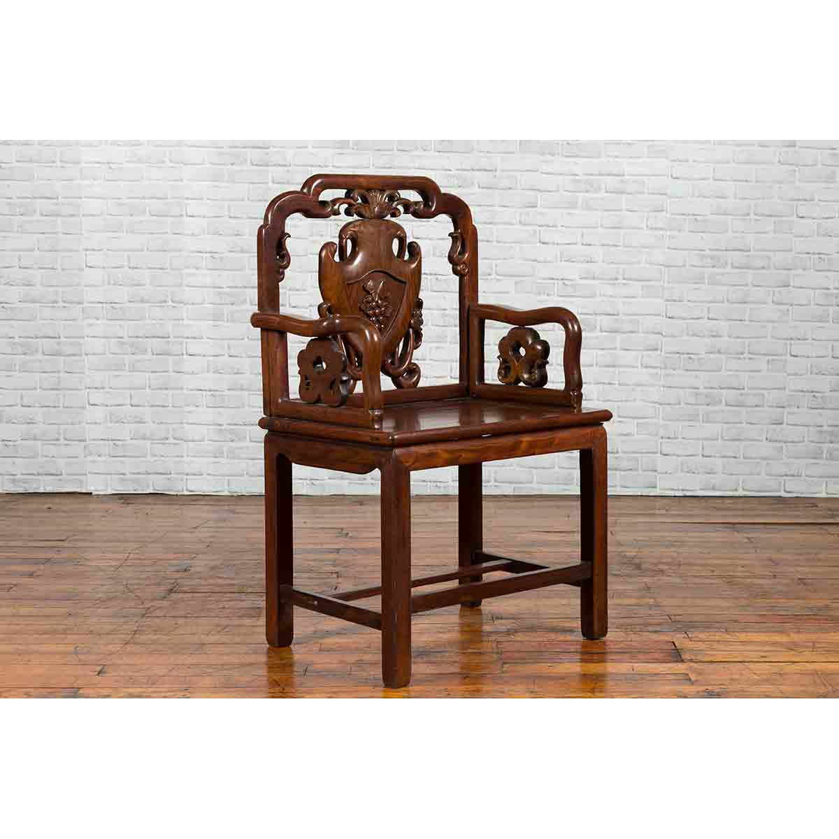 Qing Dynasty Rosewood Armchair with Carved Back & Arms-3. Asian & Chinese Furniture, Art, Antiques, Vintage Home Décor for sale at FEA Home