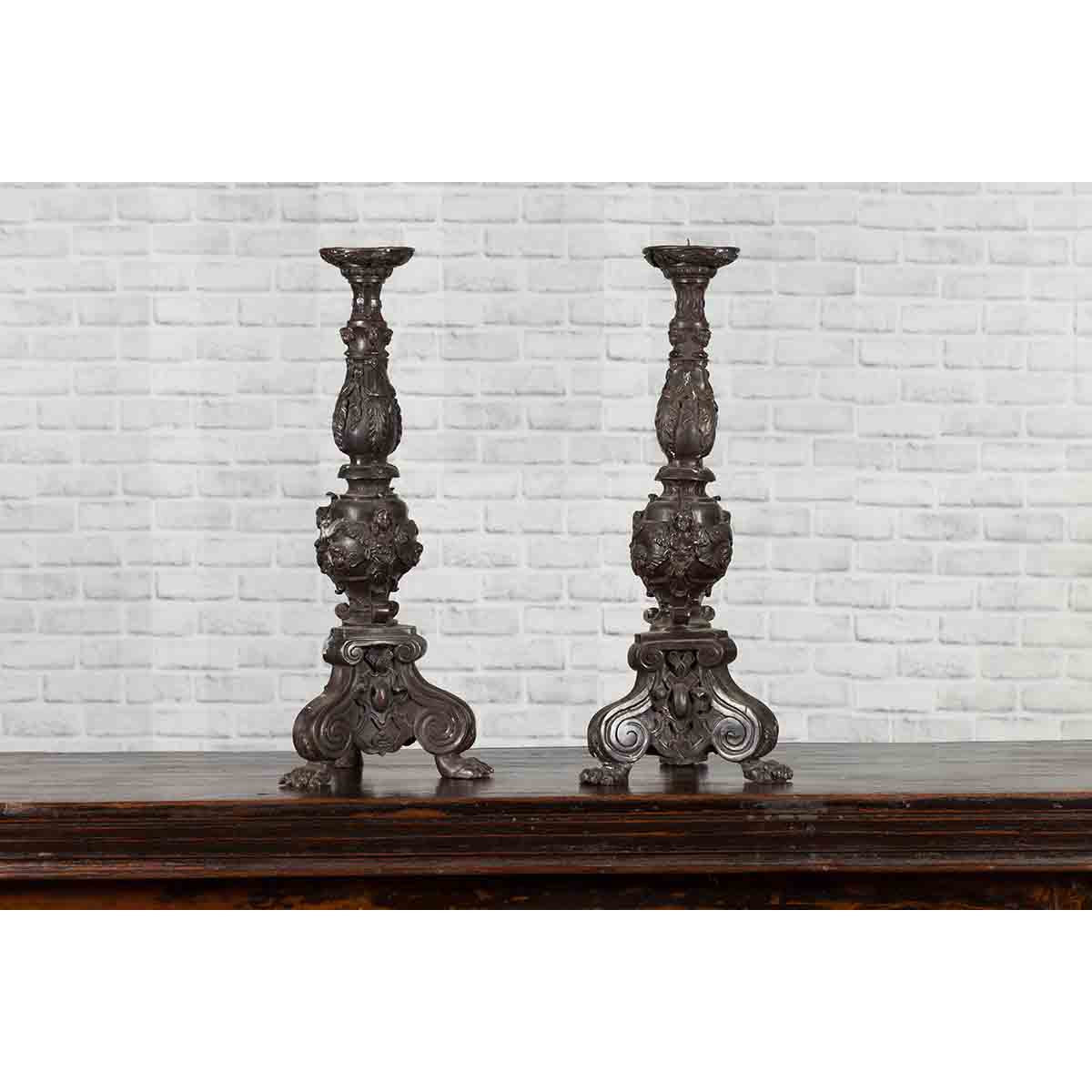 Pair of Vintage Baroque Style Cast Bronze Candlesticks with Cherub Figures-3. Asian & Chinese Furniture, Art, Antiques, Vintage Home Décor for sale at FEA Home