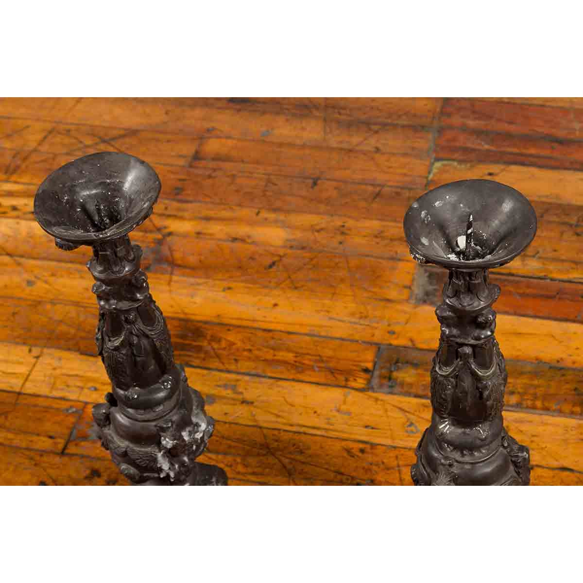 Pair of Vintage Baroque Style Cast Bronze Candlesticks with Cherub Figures-11. Asian & Chinese Furniture, Art, Antiques, Vintage Home Décor for sale at FEA Home