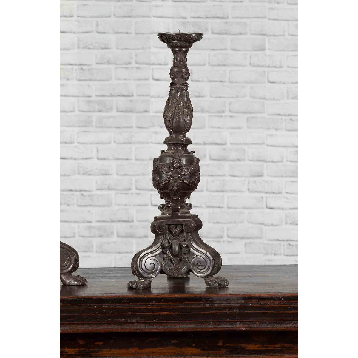 Pair of Vintage Baroque Style Cast Bronze Candlesticks with Cherub Figures-7. Asian & Chinese Furniture, Art, Antiques, Vintage Home Décor for sale at FEA Home
