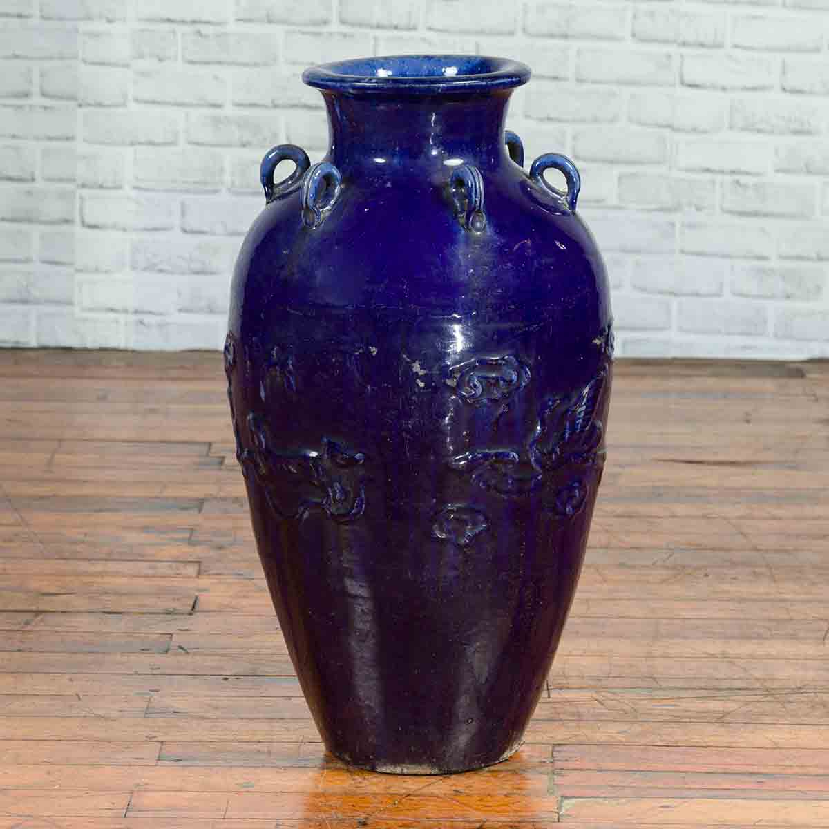 Large Antique Early 20th Century Vietnamese Blue Martaban Jar with Raised Motifs-2. Asian & Chinese Furniture, Art, Antiques, Vintage Home Décor for sale at FEA Home