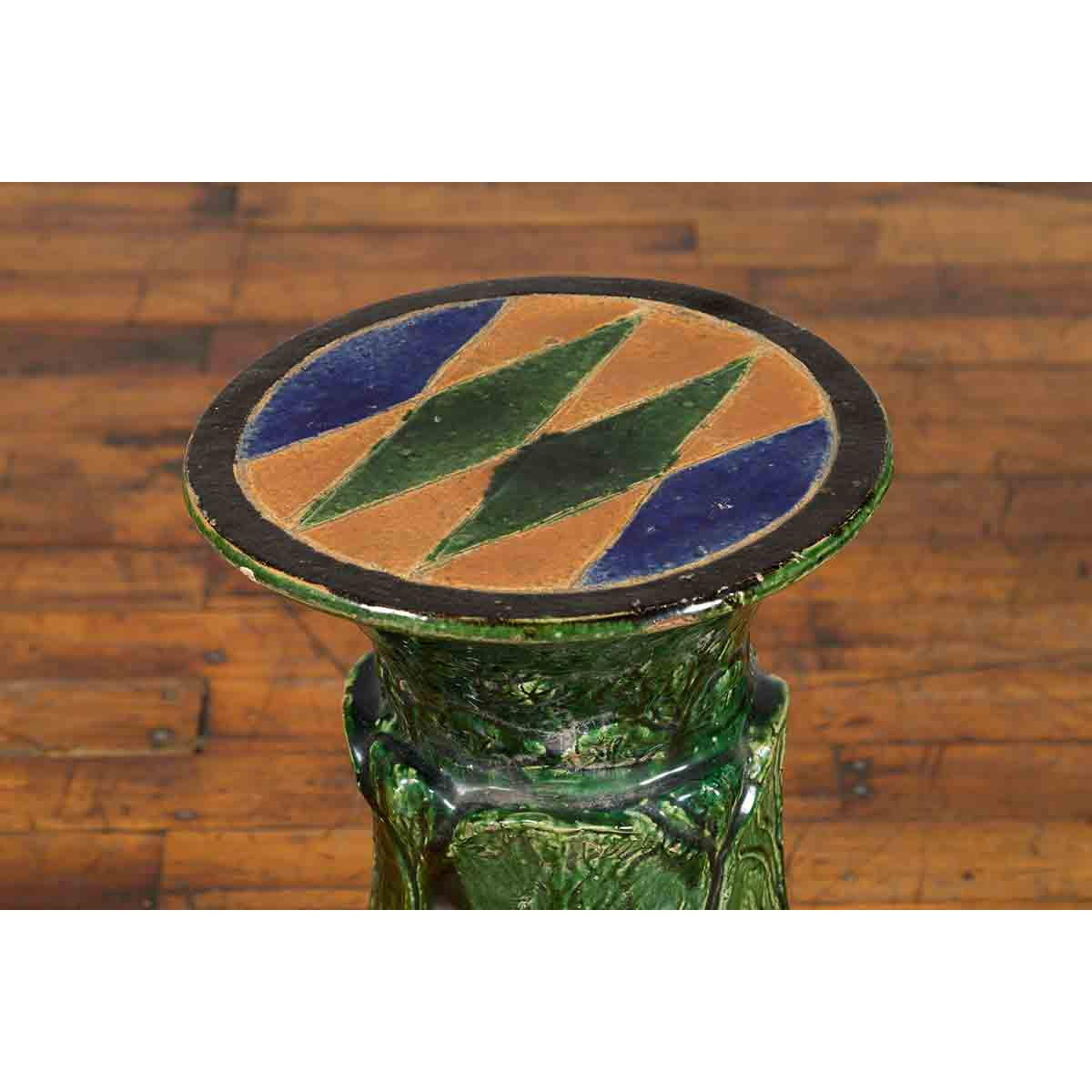 Antique Vietnamese Green Glazed Pedestal with Foliage Design and Diamond Motifs-4. Asian & Chinese Furniture, Art, Antiques, Vintage Home Décor for sale at FEA Home