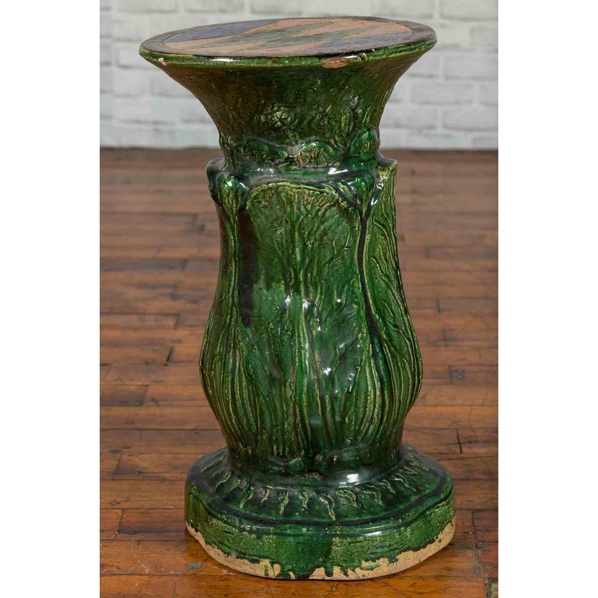 Antique Vietnamese Green Glazed Pedestal with Foliage Design and Diamond Motifs-5. Asian & Chinese Furniture, Art, Antiques, Vintage Home Décor for sale at FEA Home