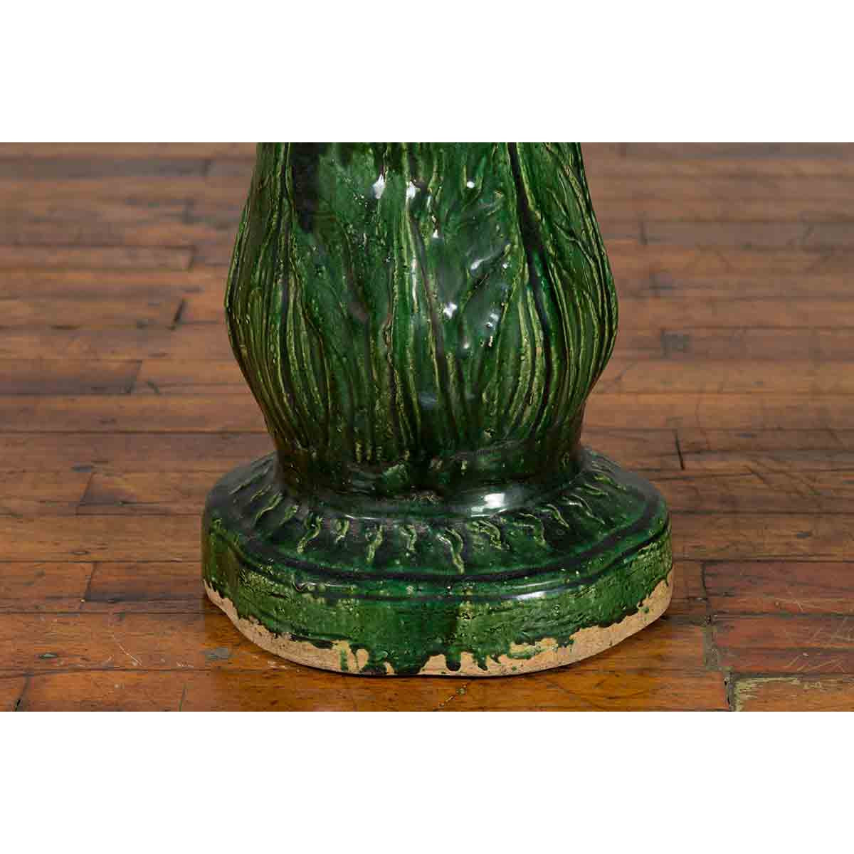 Antique Vietnamese Green Glazed Pedestal with Foliage Design and Diamond Motifs-6. Asian & Chinese Furniture, Art, Antiques, Vintage Home Décor for sale at FEA Home