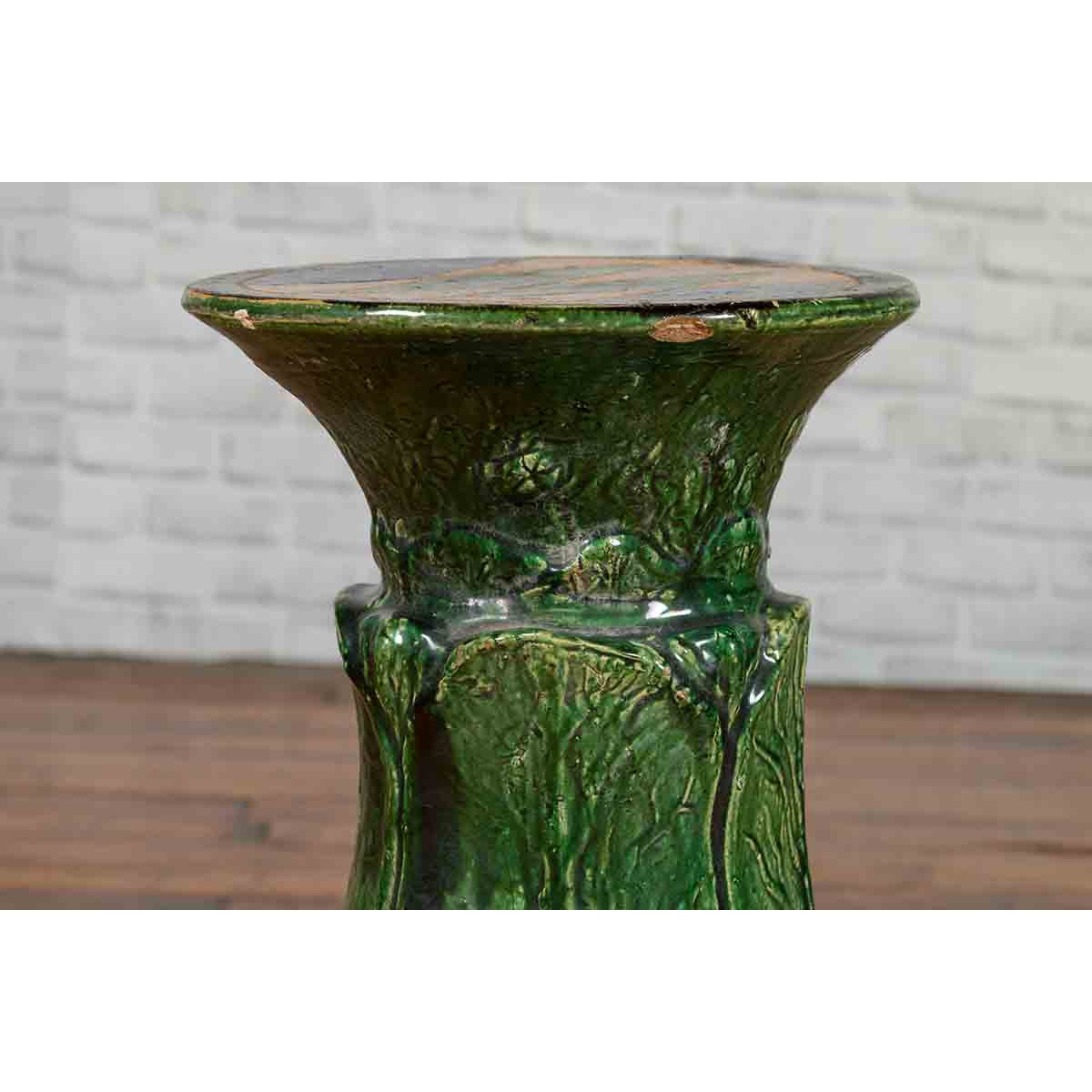 Antique Vietnamese Green Glazed Pedestal with Foliage Design and Diamond Motifs-7. Asian & Chinese Furniture, Art, Antiques, Vintage Home Décor for sale at FEA Home