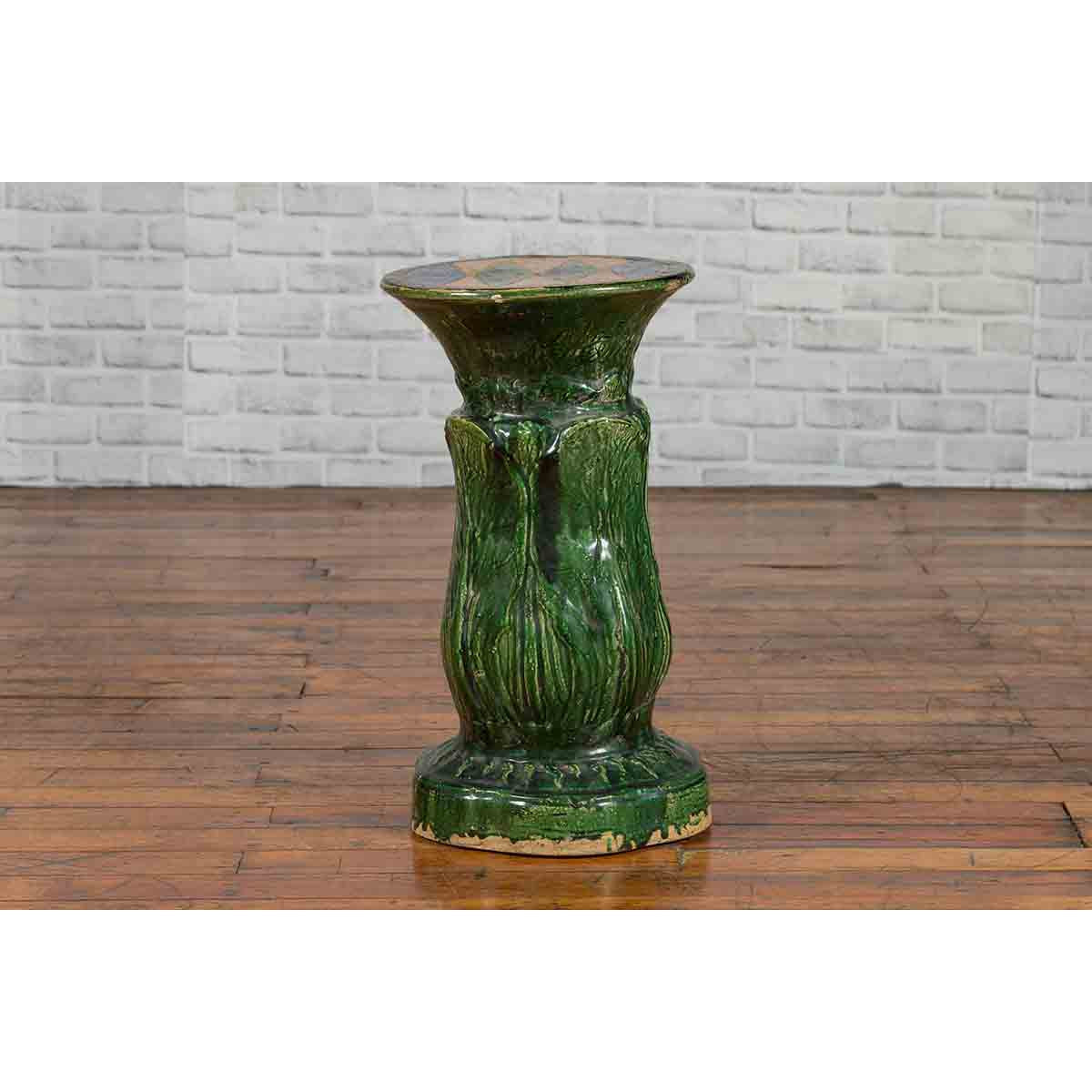 Antique Vietnamese Green Glazed Pedestal with Foliage Design and Diamond Motifs-8. Asian & Chinese Furniture, Art, Antiques, Vintage Home Décor for sale at FEA Home