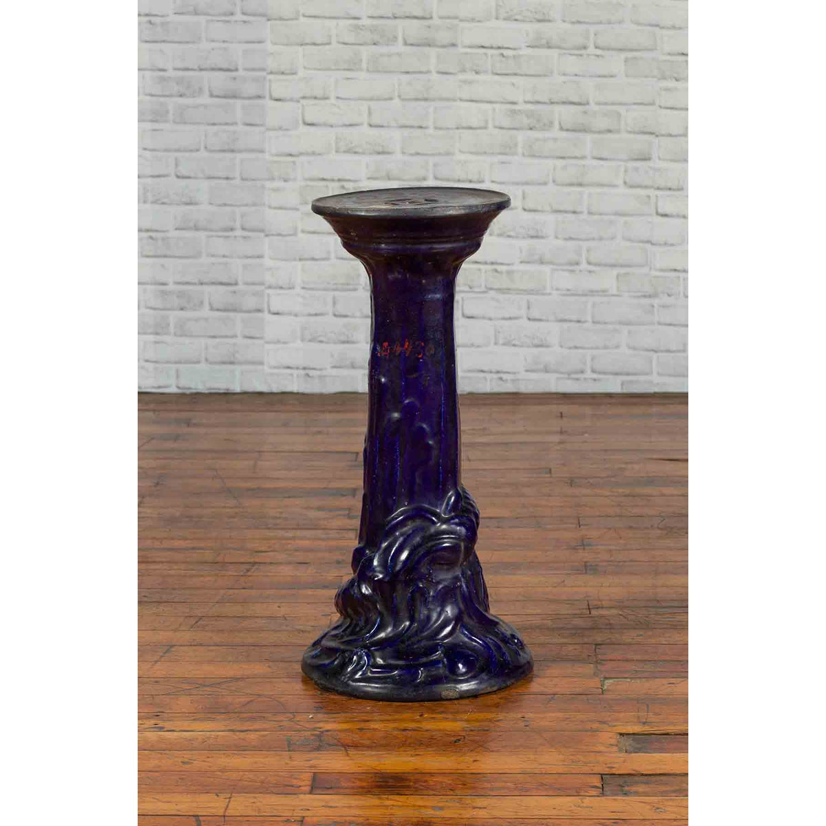 Chinese Antique Dark Blue Glazed Pedestal Stand with Raised Motifs-3. Asian & Chinese Furniture, Art, Antiques, Vintage Home Décor for sale at FEA Home