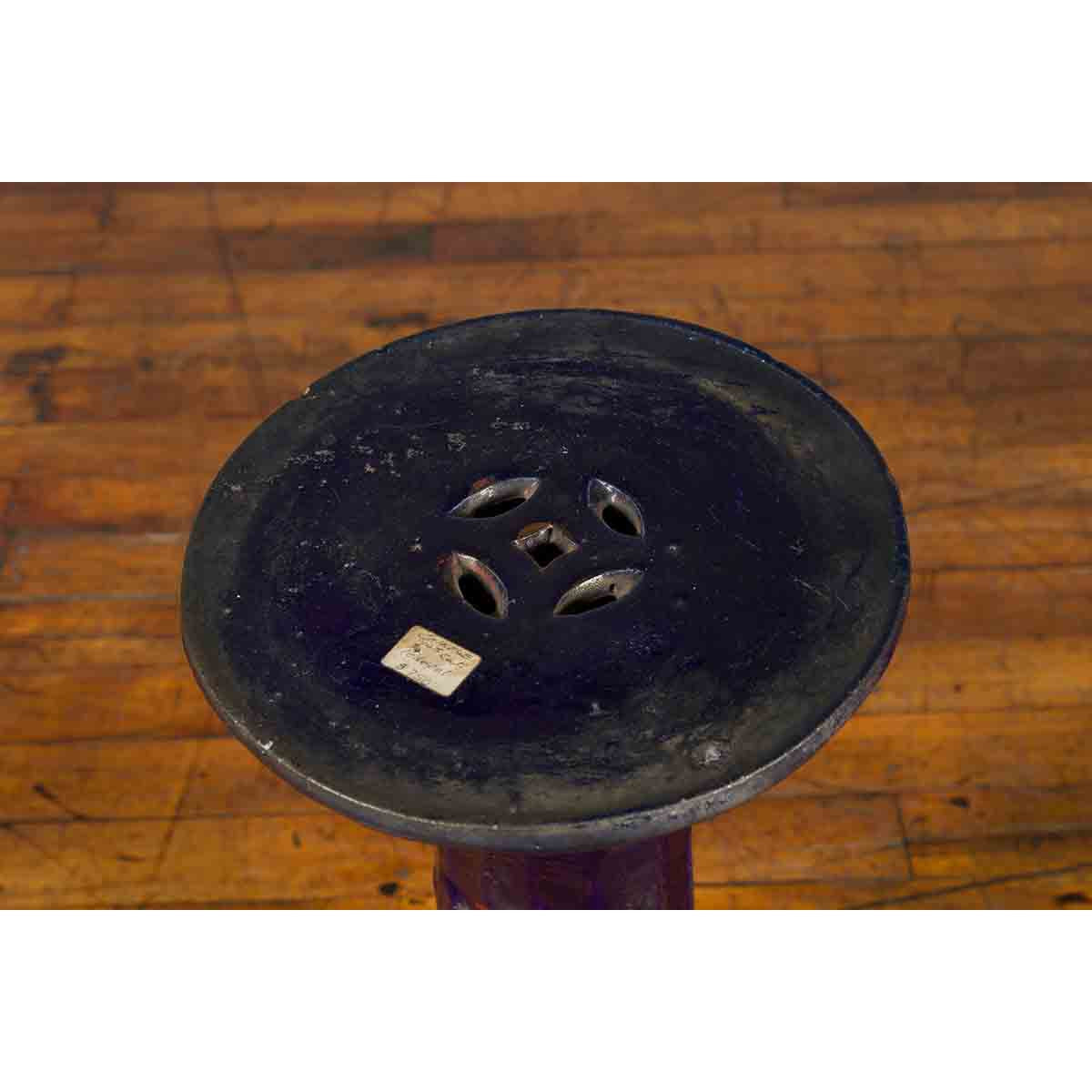 Chinese Antique Dark Blue Glazed Pedestal Stand with Raised Motifs-6. Asian & Chinese Furniture, Art, Antiques, Vintage Home Décor for sale at FEA Home