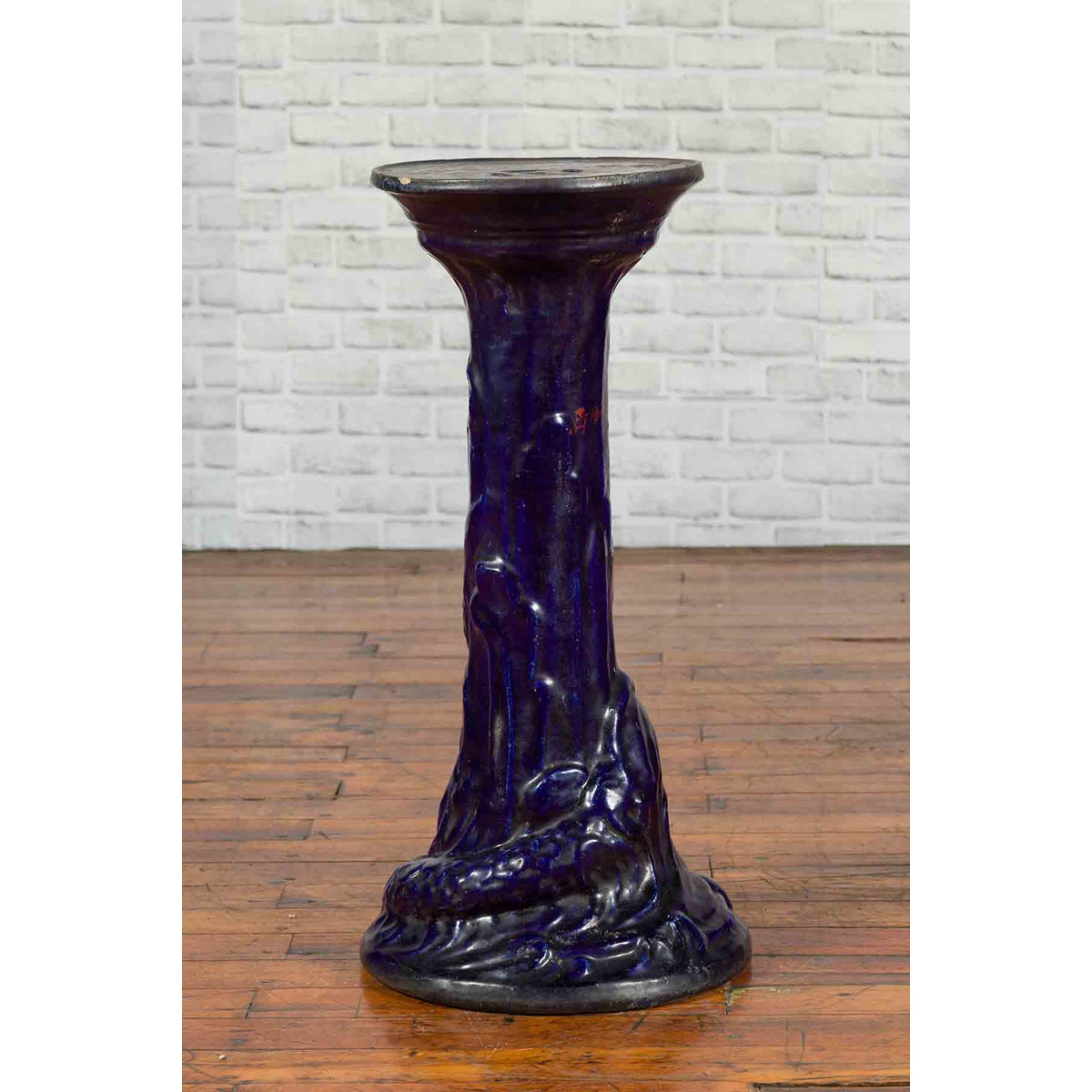 Chinese Antique Dark Blue Glazed Pedestal Stand with Raised Motifs-7. Asian & Chinese Furniture, Art, Antiques, Vintage Home Décor for sale at FEA Home