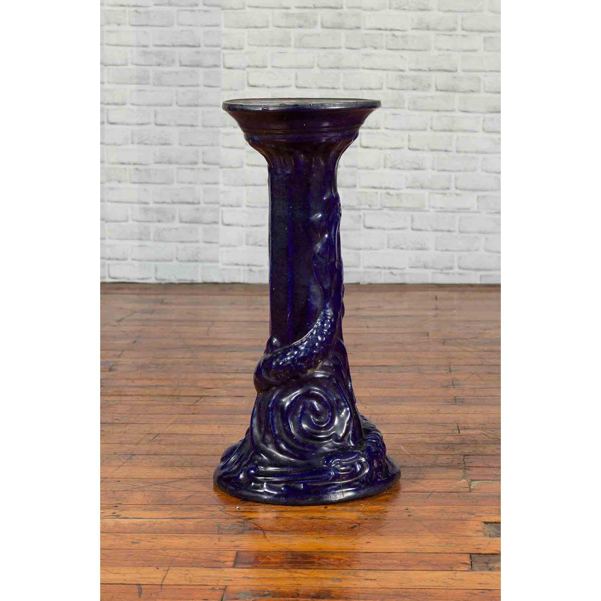 Chinese Antique Dark Blue Glazed Pedestal Stand with Raised Motifs-9. Asian & Chinese Furniture, Art, Antiques, Vintage Home Décor for sale at FEA Home