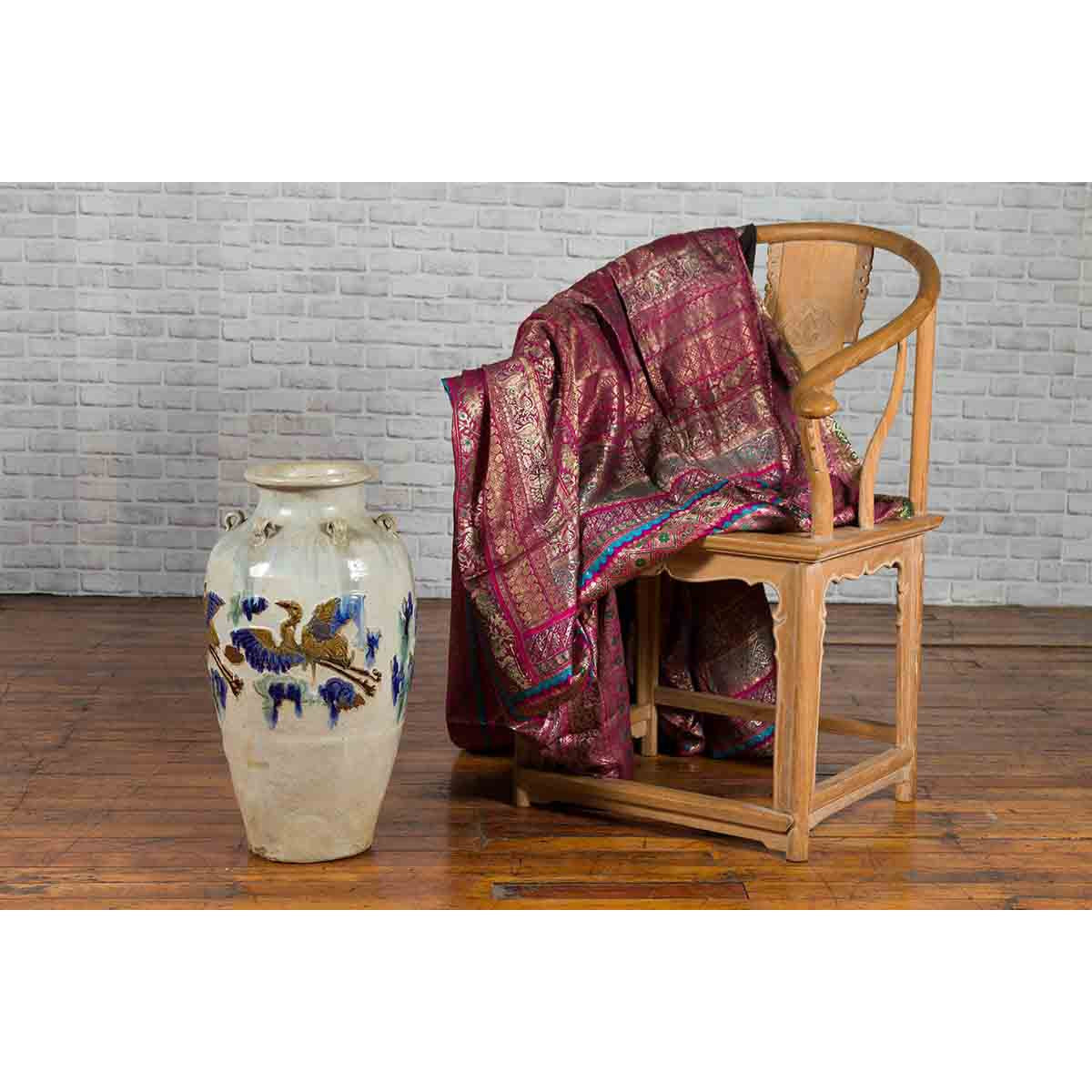 19th Century Martaban Vase with Blue, Green and Brown Bird Motifs and Loops-4. Asian & Chinese Furniture, Art, Antiques, Vintage Home Décor for sale at FEA Home