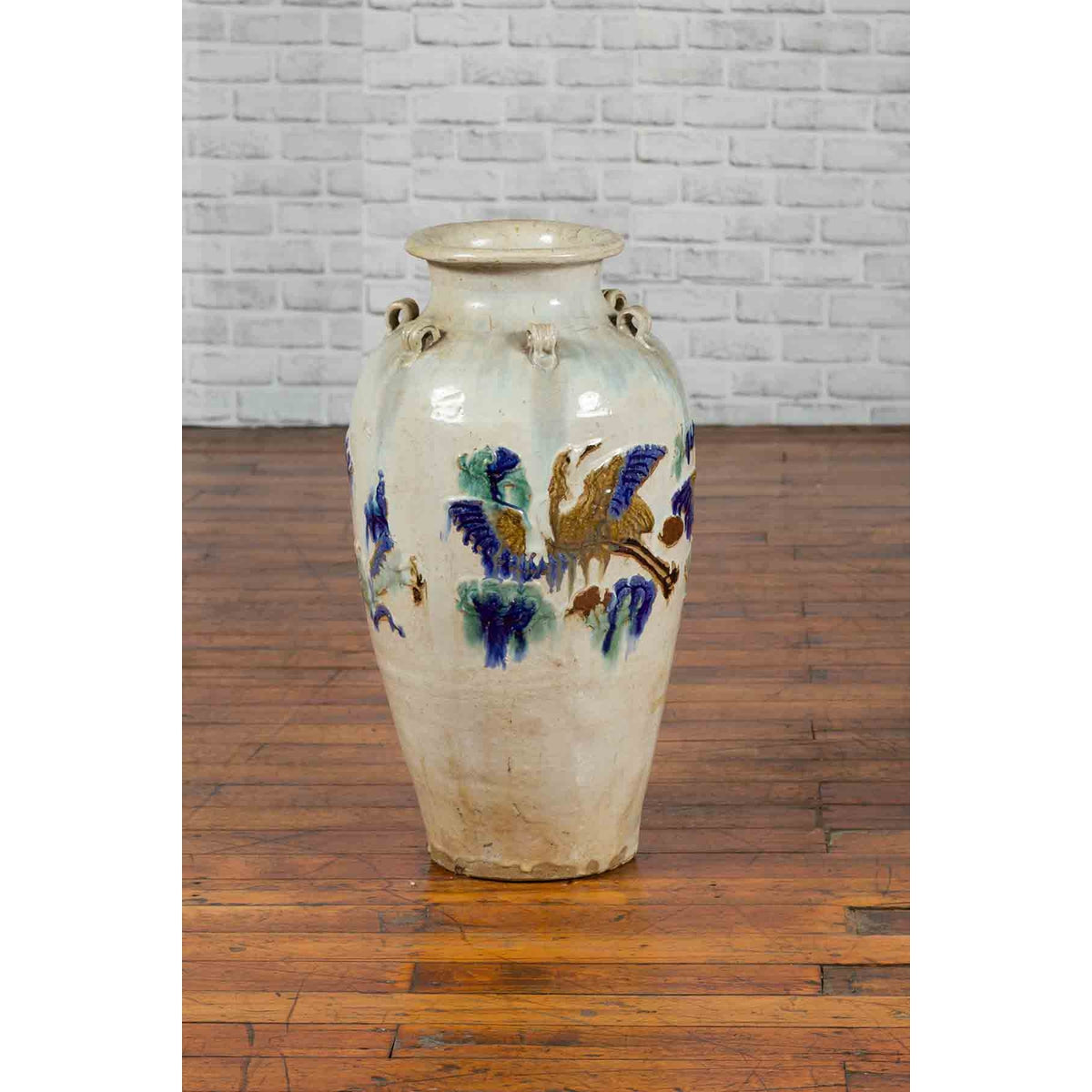 19th Century Martaban Vase with Blue, Green and Brown Bird Motifs and Loops-3. Asian & Chinese Furniture, Art, Antiques, Vintage Home Décor for sale at FEA Home