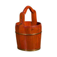 Chinese Rustic Wooden Bucket with Large Handle and Painted Floral Motifs