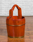Chinese Rustic Wooden Bucket with Large Handle and Painted Floral Motifs-2. Asian & Chinese Furniture, Art, Antiques, Vintage Home Décor for sale at FEA Home