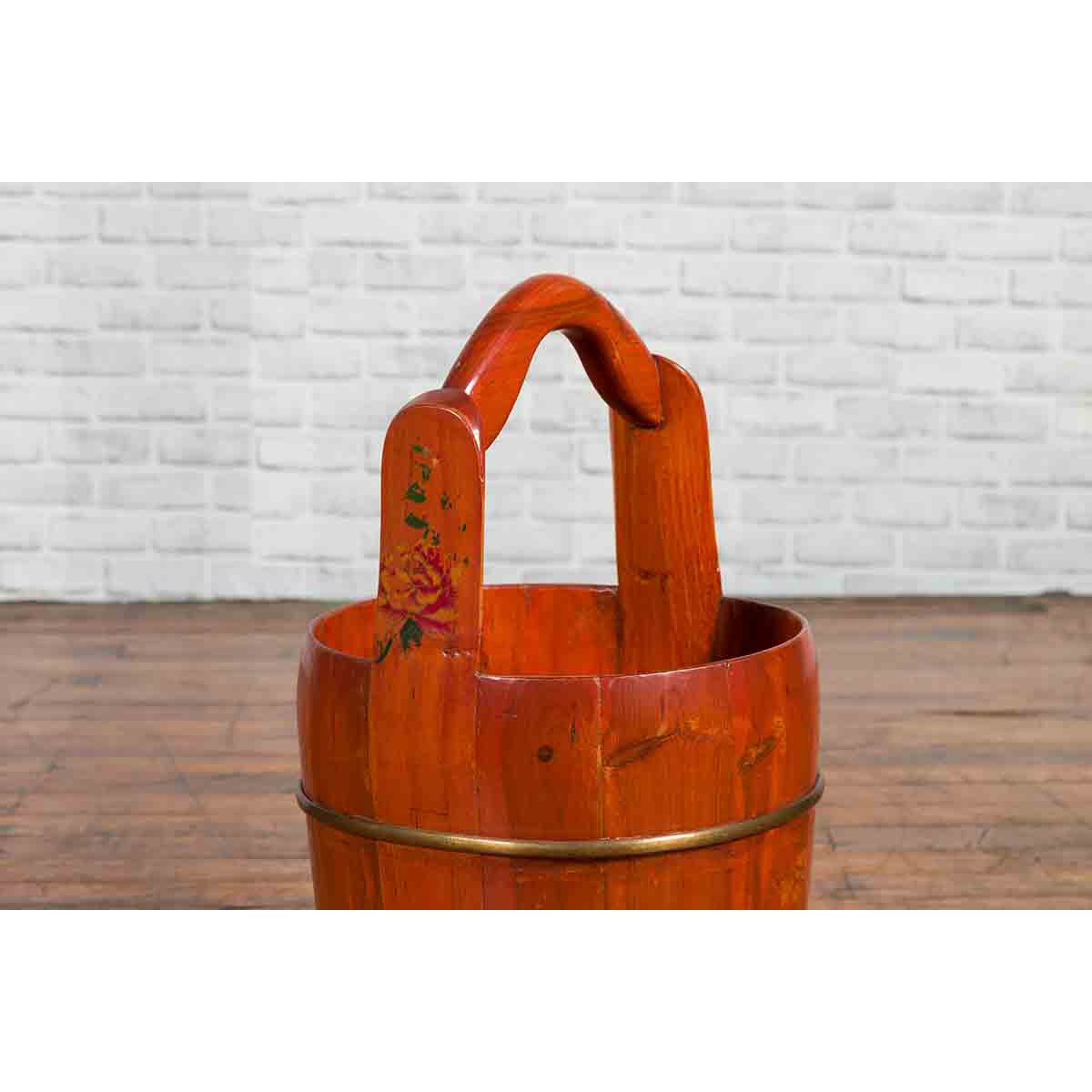 Chinese Rustic Wooden Bucket with Large Handle and Painted Floral Motifs-3. Asian & Chinese Furniture, Art, Antiques, Vintage Home Décor for sale at FEA Home
