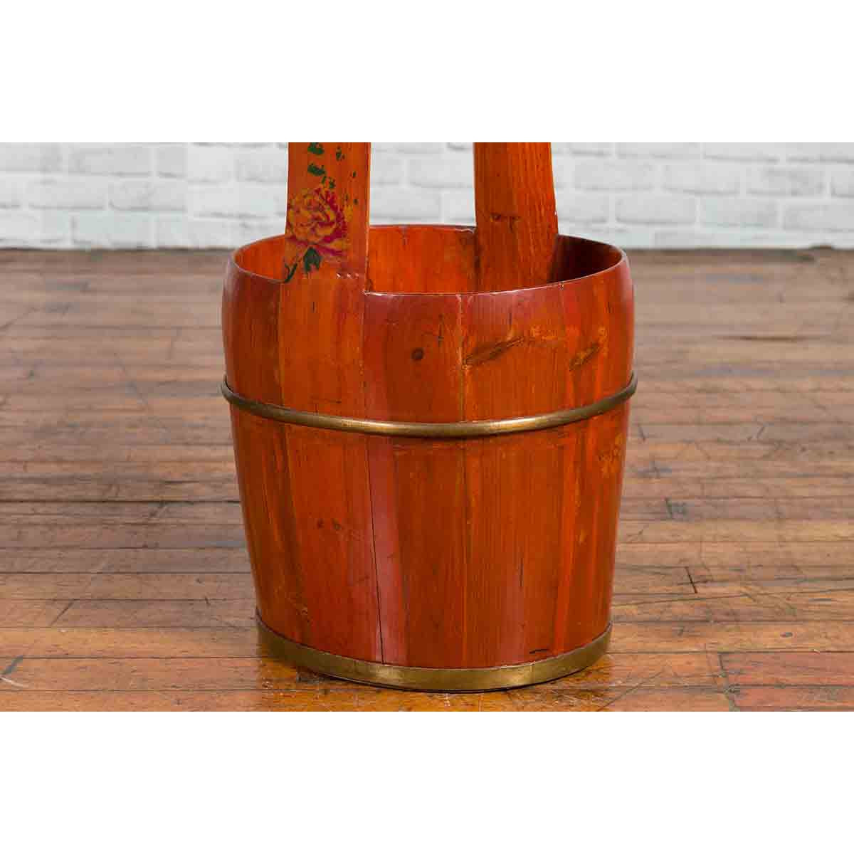 Chinese Rustic Wooden Bucket with Large Handle and Painted Floral Motifs-4. Asian & Chinese Furniture, Art, Antiques, Vintage Home Décor for sale at FEA Home