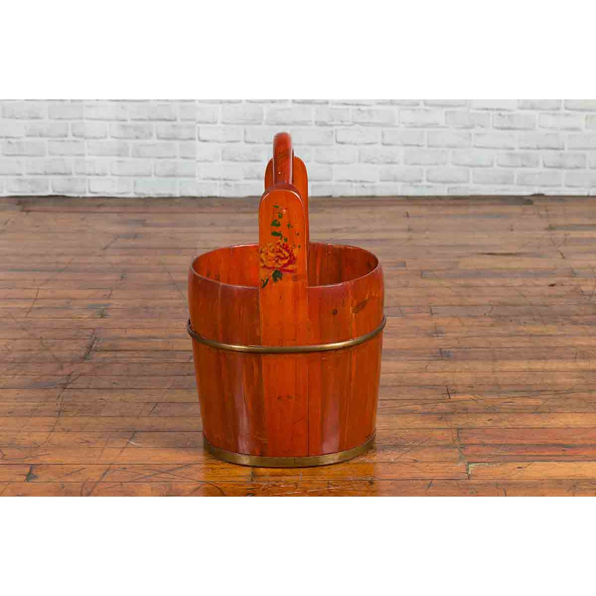 Chinese Rustic Wooden Bucket with Large Handle and Painted Floral Motifs-6. Asian & Chinese Furniture, Art, Antiques, Vintage Home Décor for sale at FEA Home
